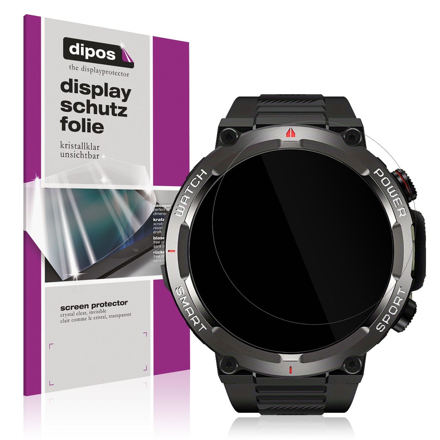Klare Displayschutzfolie von dipos passend für IOWODO W50 1.39 Zoll Smartwatch, präziser Zuschnitt und blasenfrei montiert