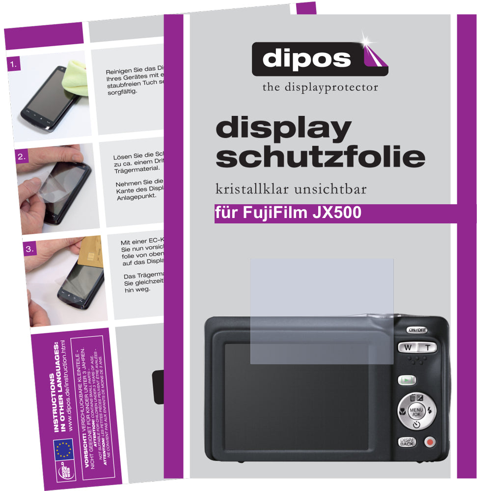 Klare Displayschutzfolie von dipos passend für JX500 Fujifilm, präziser Zuschnitt und blasenfrei montiert