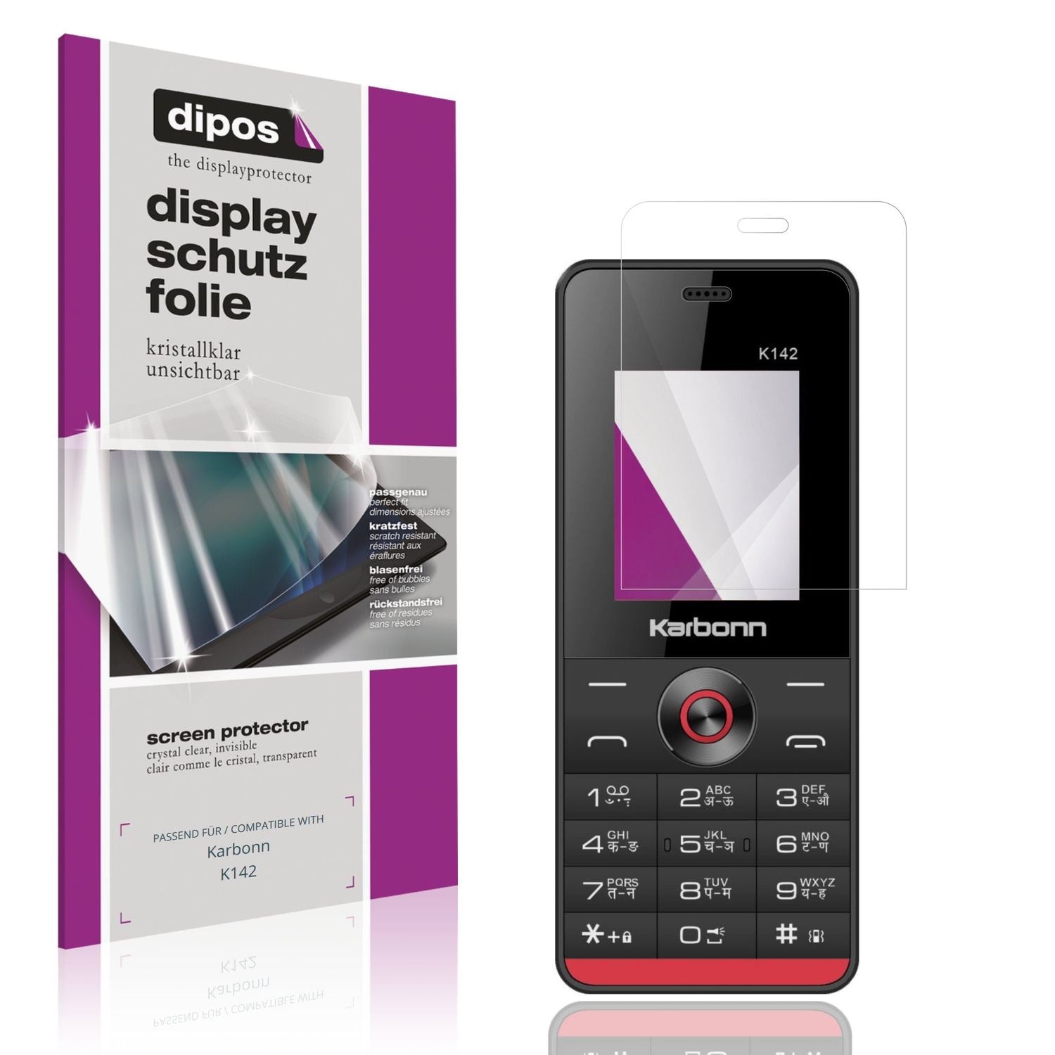 Klare Displayschutzfolie von dipos passend für Karbonn K142, präziser Zuschnitt und blasenfrei montiert
