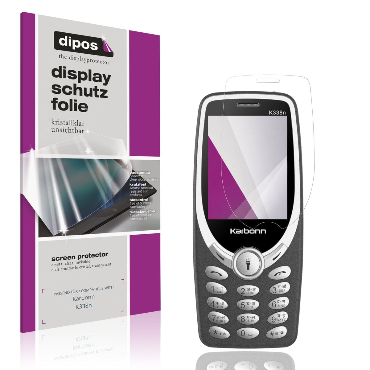 Klare Displayschutzfolie von dipos passend für Karbonn K338n, präziser Zuschnitt und blasenfrei montiert
