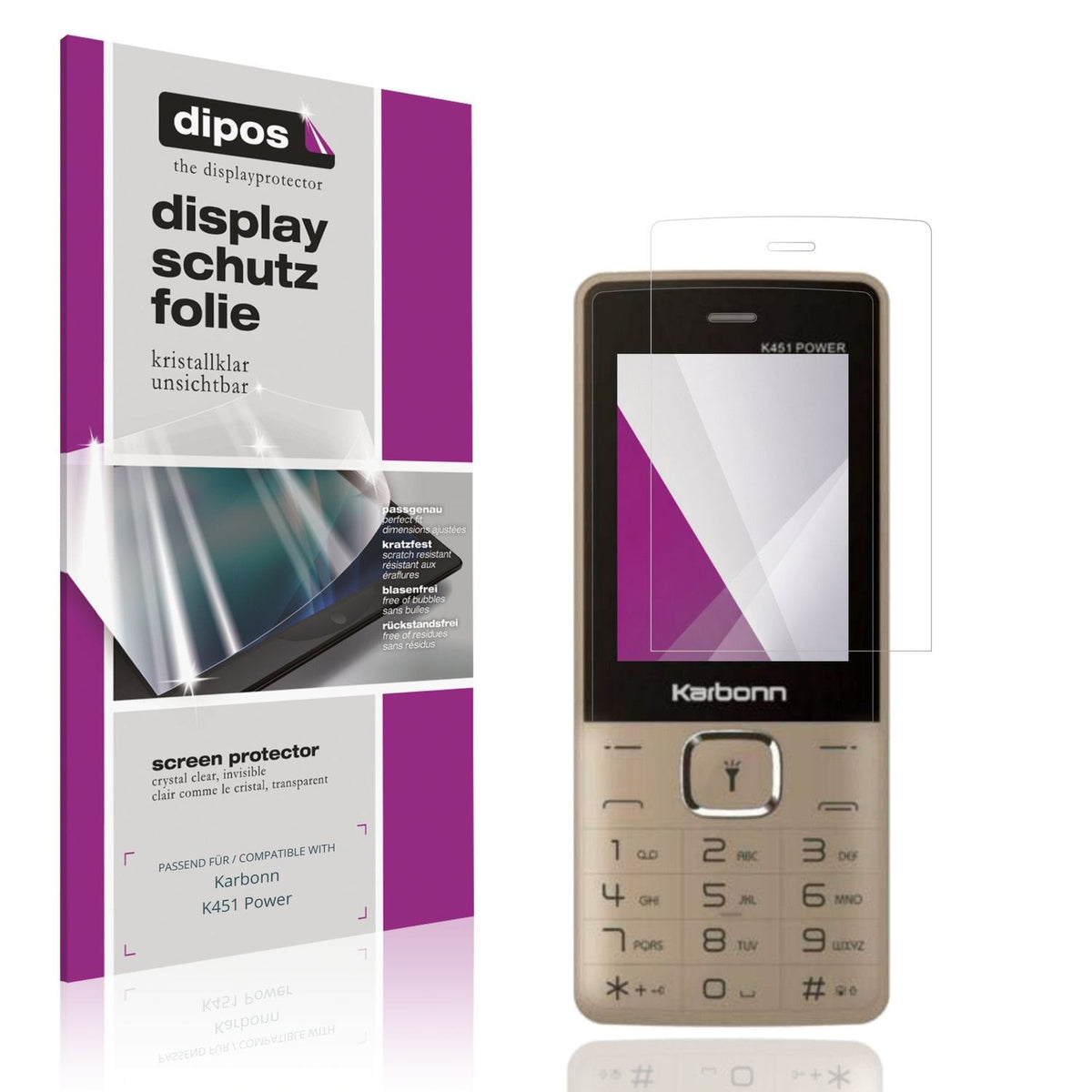 Klare Displayschutzfolie von dipos passend für Karbonn K451 Power, präziser Zuschnitt und blasenfrei montiert
