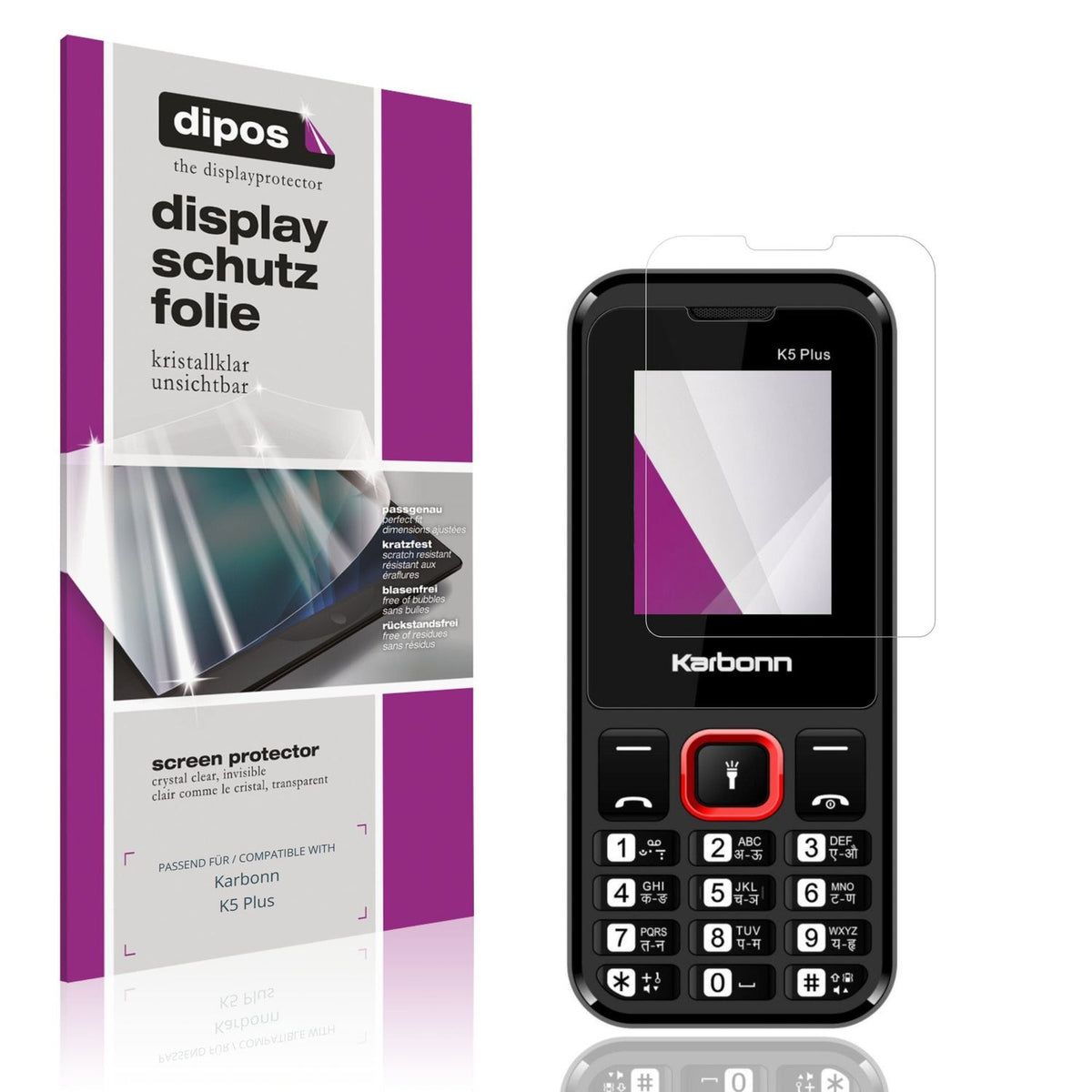 Klare Displayschutzfolie von dipos passend für Karbonn K5 Plus, präziser Zuschnitt und blasenfrei montiert