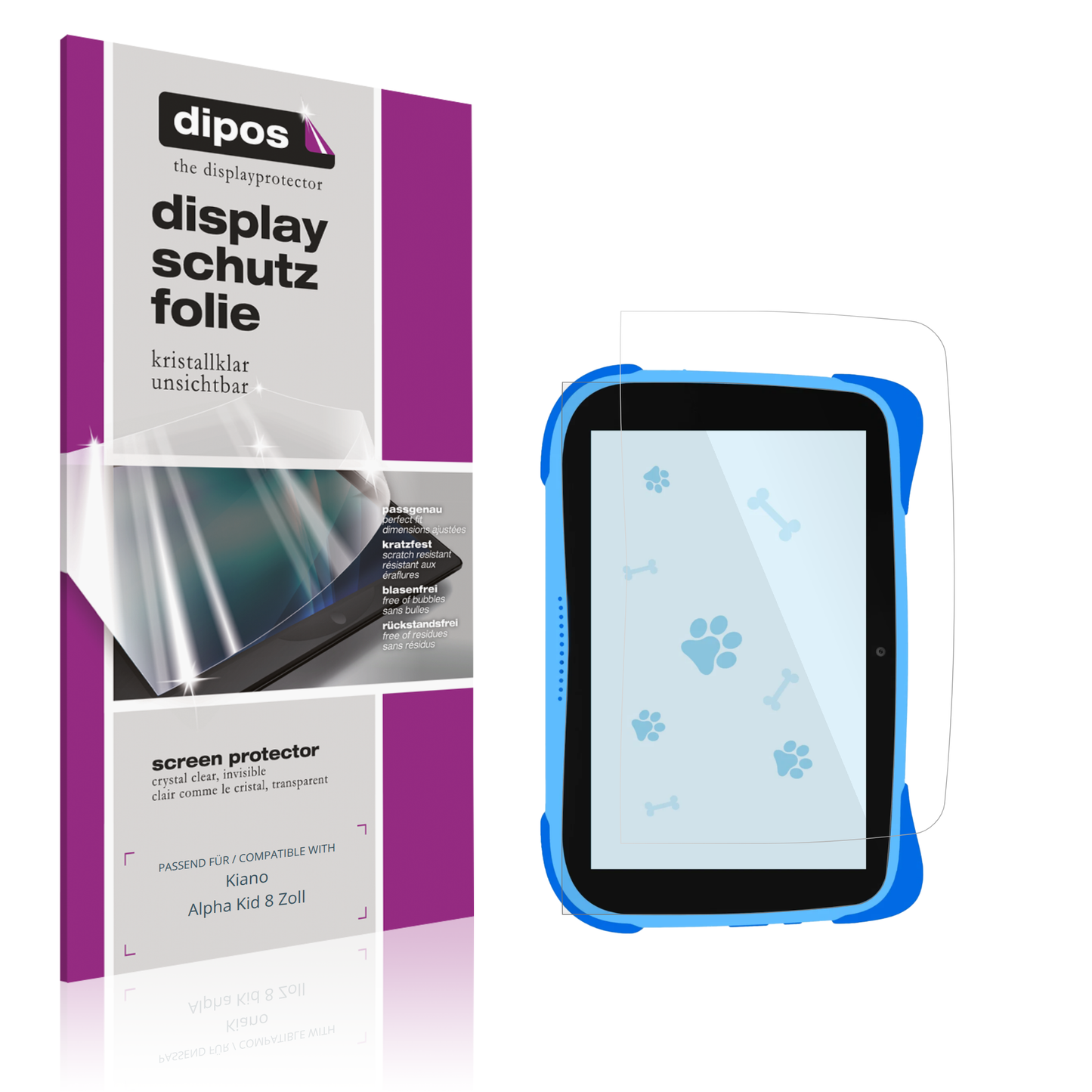Klare Displayschutzfolie von dipos passend für Kiano Alpha Kid 8 Zoll, präziser Zuschnitt und blasenfrei montiert