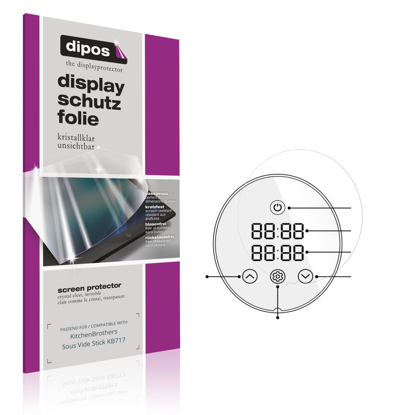 Klare Displayschutzfolie von dipos passend für KitchenBrothers Sous Vide Stick KB717, präziser Zuschnitt und blasenfrei montiert