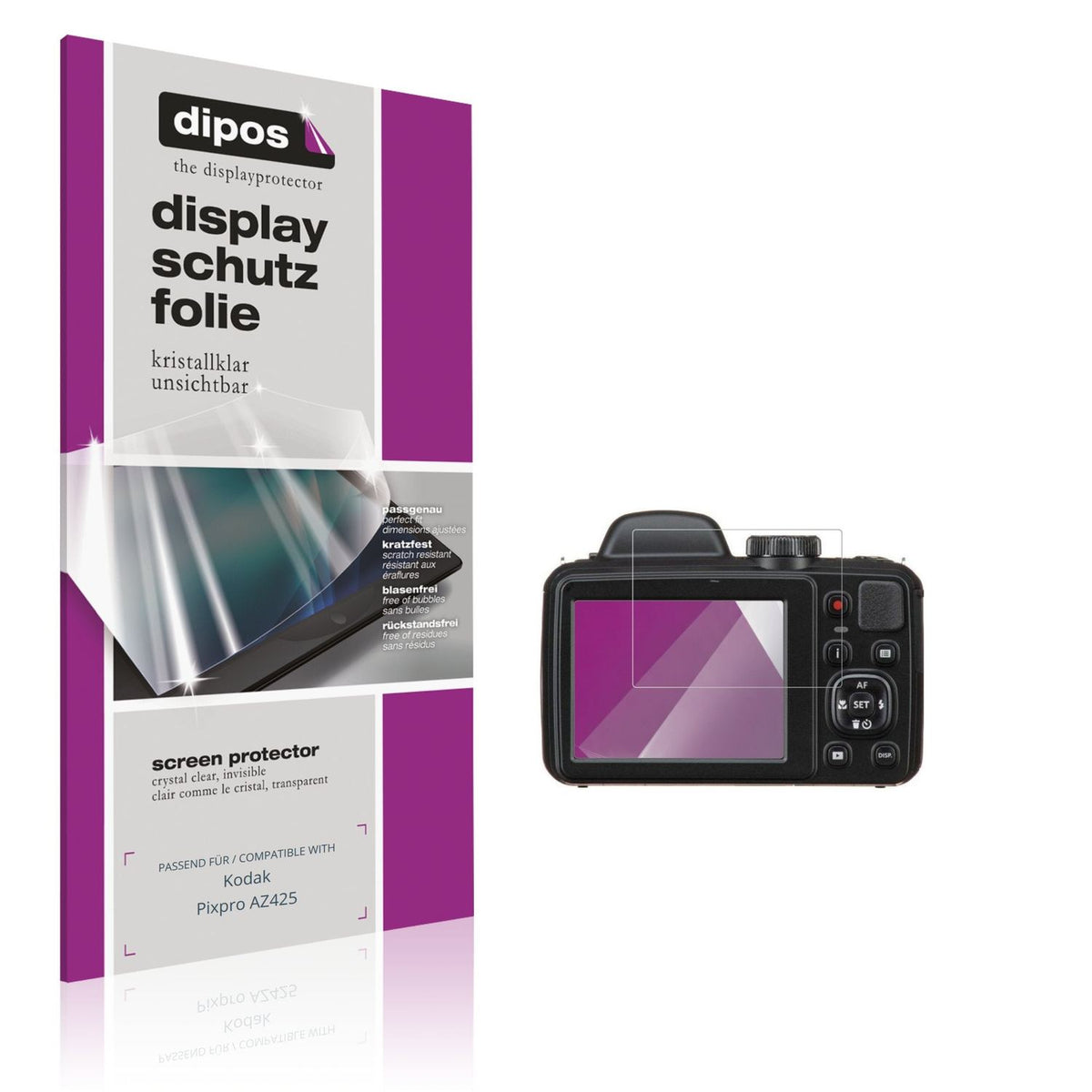 Klare Displayschutzfolie von dipos passend für Kodak Pixpro AZ425, präziser Zuschnitt und blasenfrei montiert