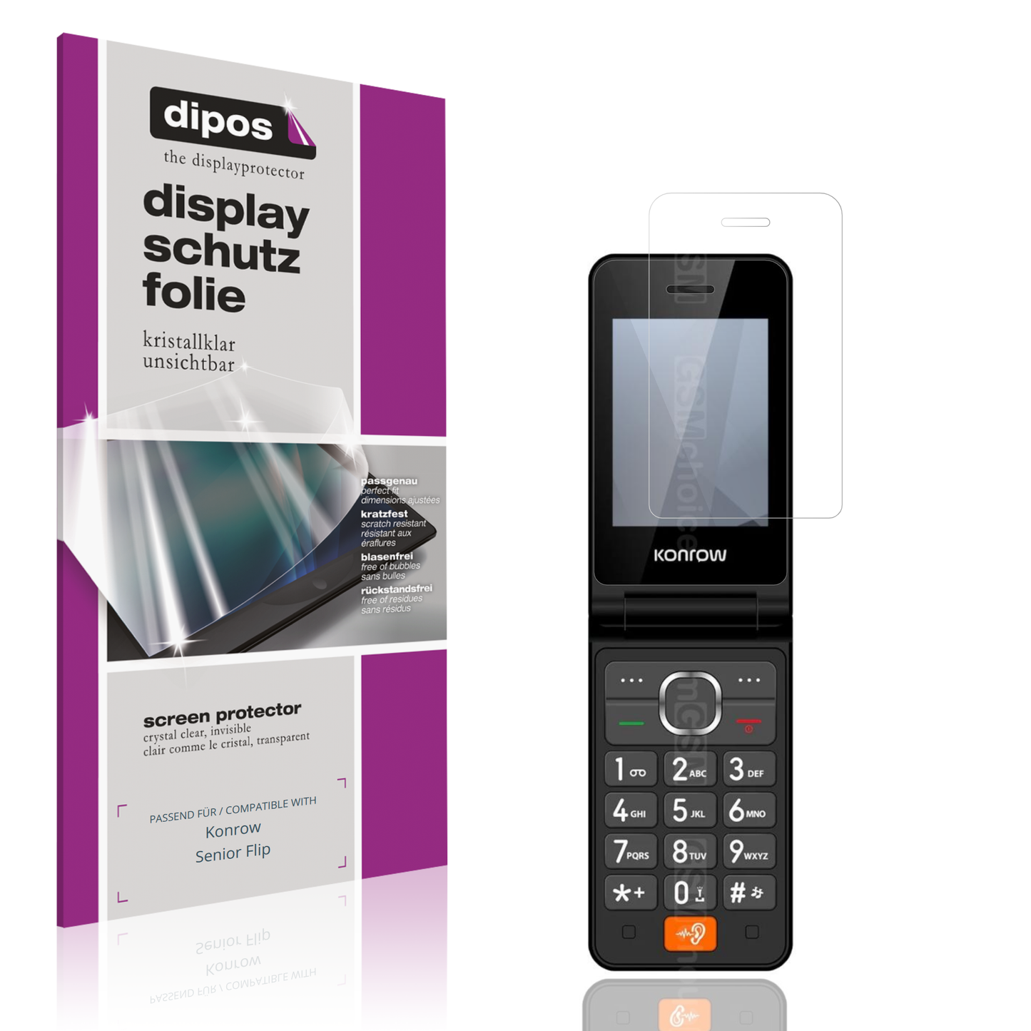 Klare Displayschutzfolie von dipos passend für Konrow Senior Flip, präziser Zuschnitt und blasenfrei montiert