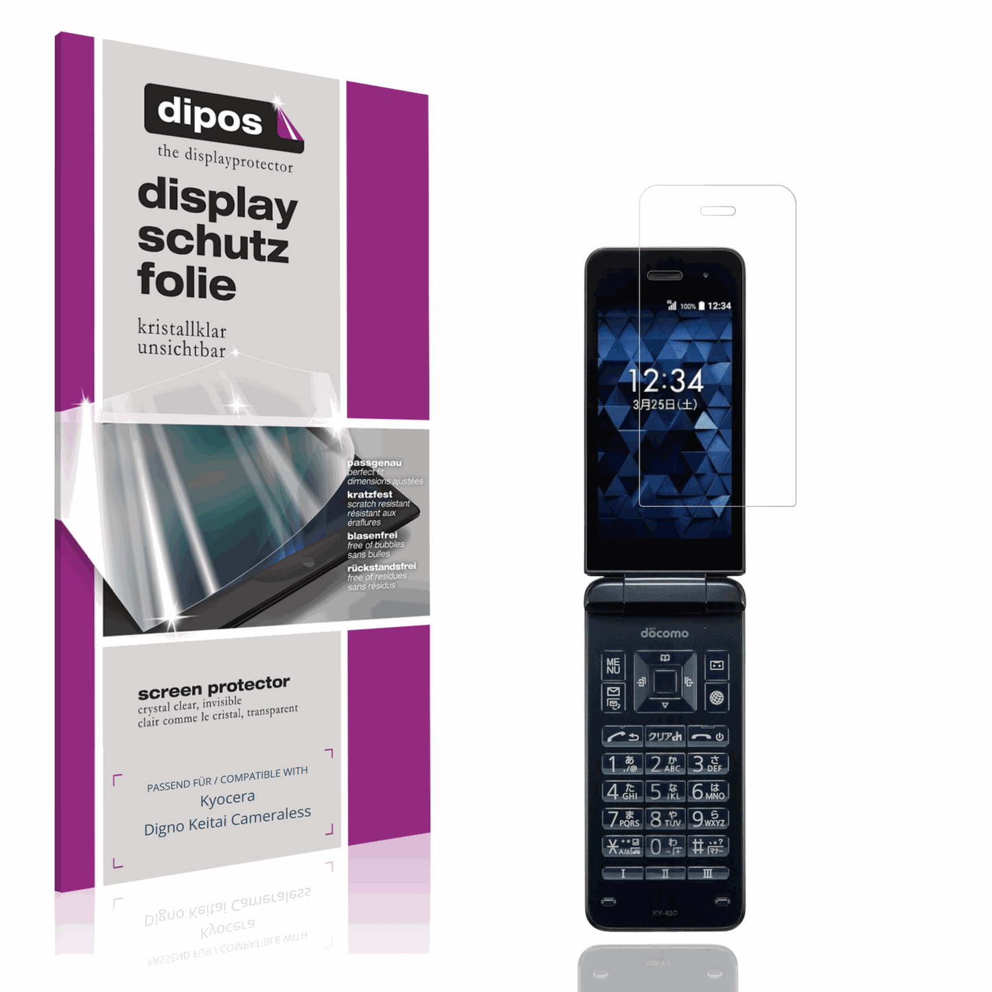 Klare Displayschutzfolie von dipos passend für Kyocera Digno Keitai Cameraless, präziser Zuschnitt und blasenfrei montiert