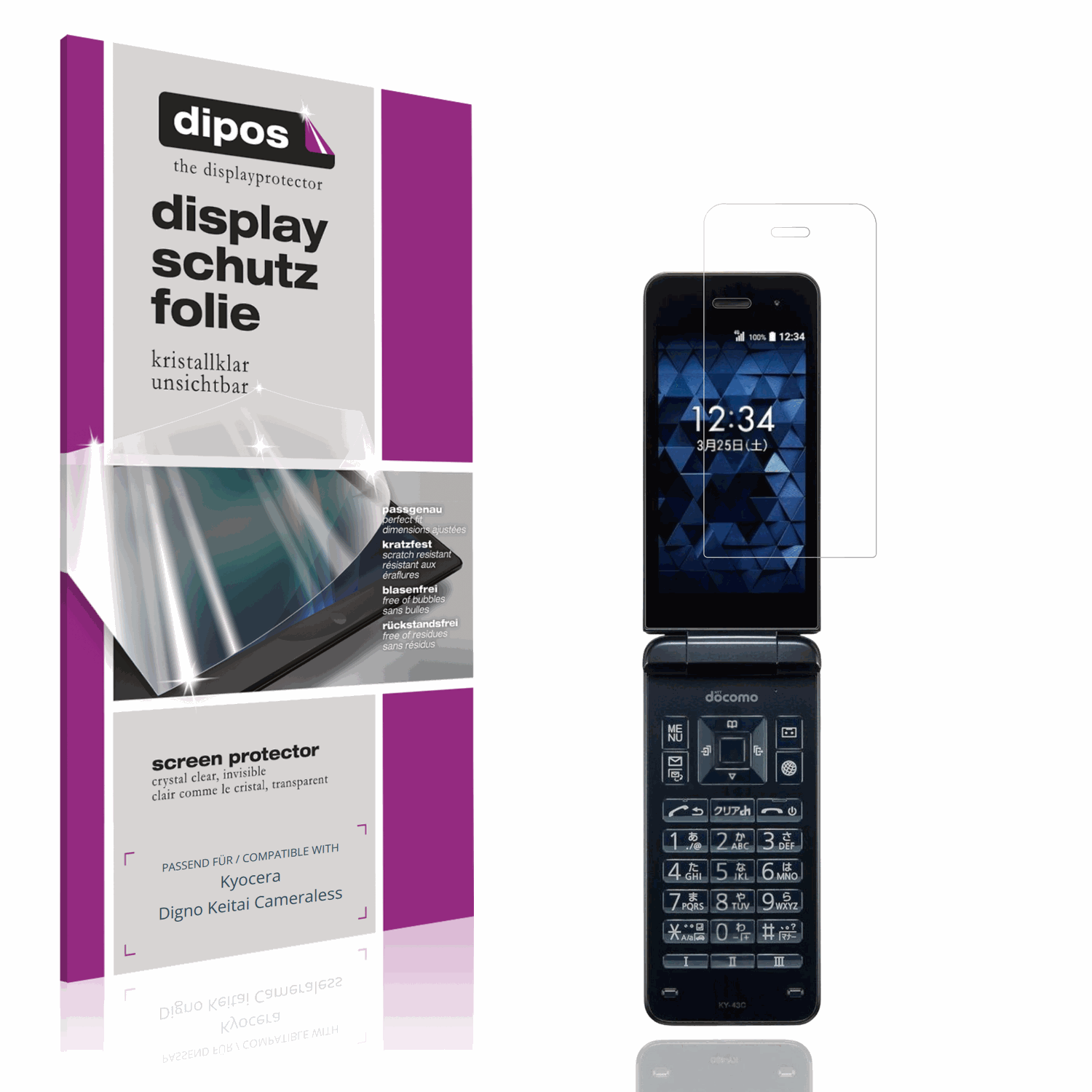 Klare Displayschutzfolie von dipos passend für Kyocera Digno Keitai Cameraless, präziser Zuschnitt und blasenfrei montiert