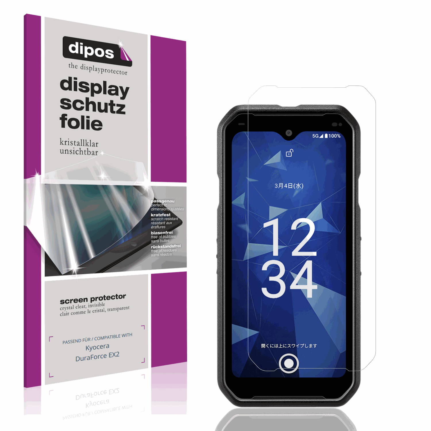 Klare Displayschutzfolie von dipos passend für Kyocera DuraForce EX2, präziser Zuschnitt und blasenfrei montiert