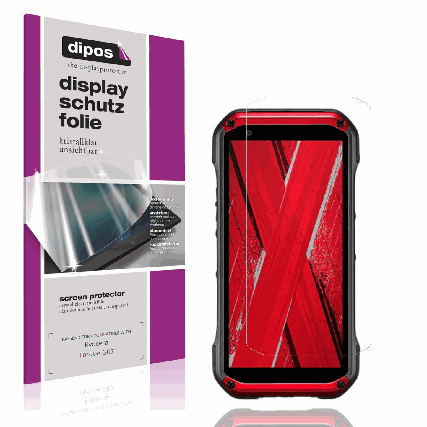 Klare Displayschutzfolie von dipos passend für Kyocera Torque G07, präziser Zuschnitt und blasenfrei montiert