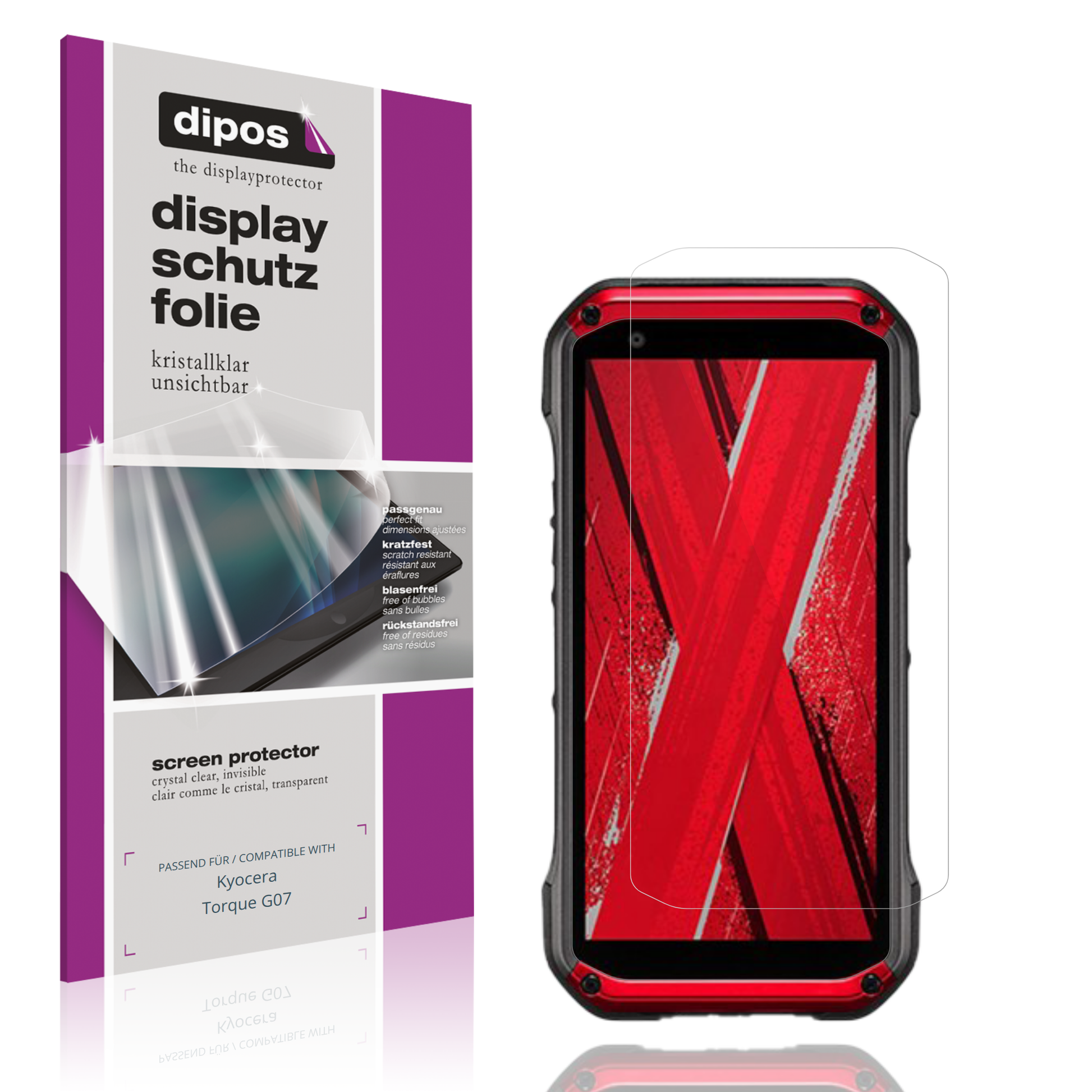 Klare Displayschutzfolie von dipos passend für Kyocera Torque G07, präziser Zuschnitt und blasenfrei montiert