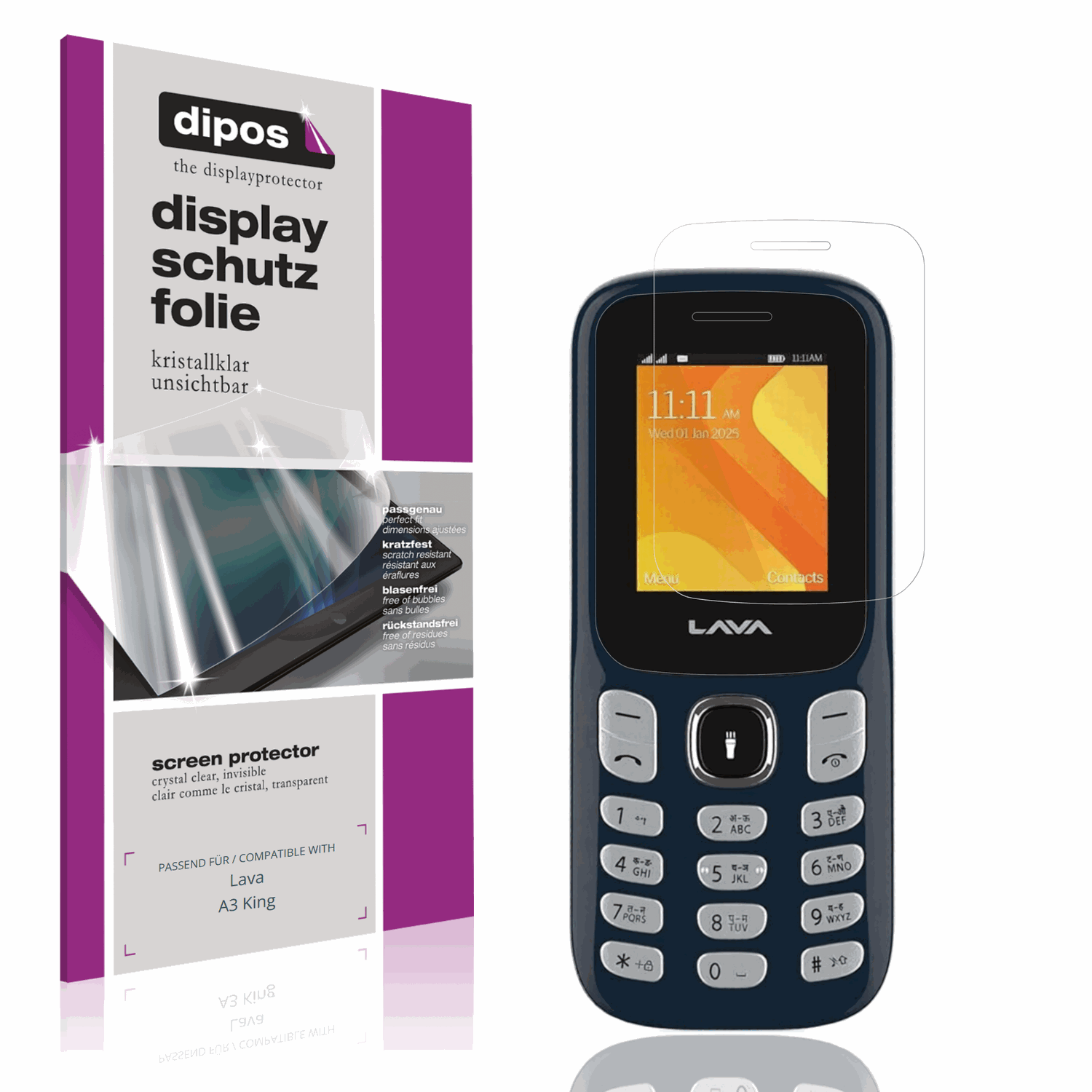 Klare Displayschutzfolie von dipos passend für Lava A3 King, präziser Zuschnitt und blasenfrei montiert