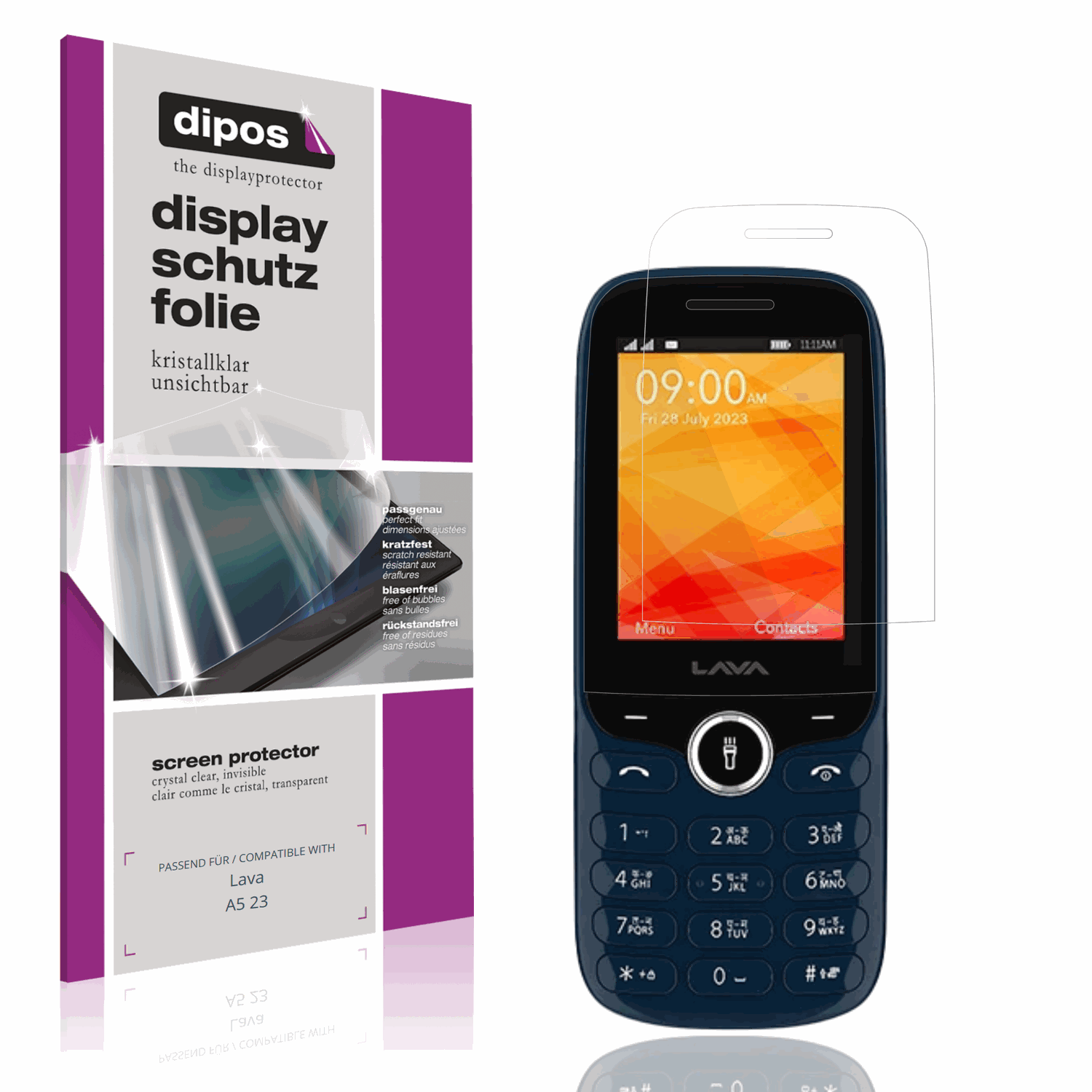 Klare Displayschutzfolie von dipos passend für Lava A5 23, präziser Zuschnitt und blasenfrei montiert