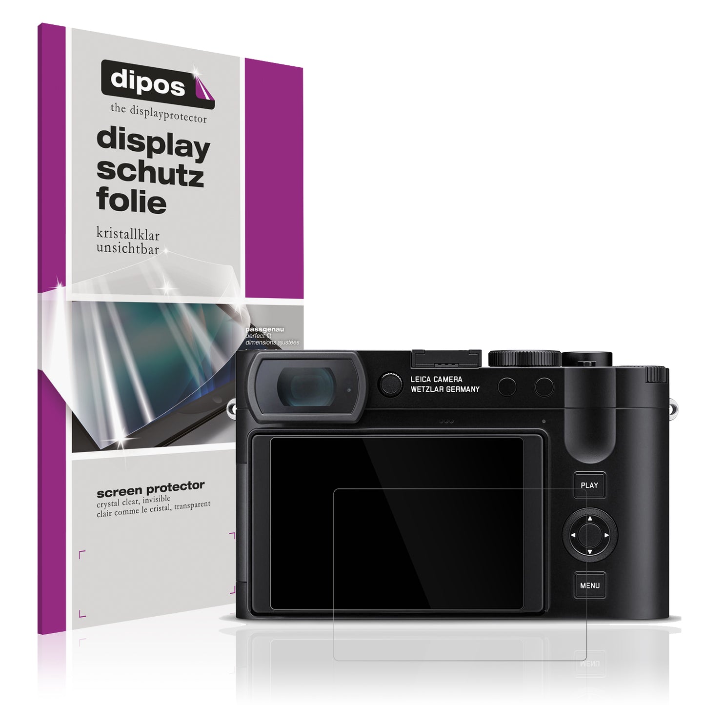 Klare Displayschutzfolie von dipos passend für Leica Q3 43, präziser Zuschnitt und blasenfrei montiert