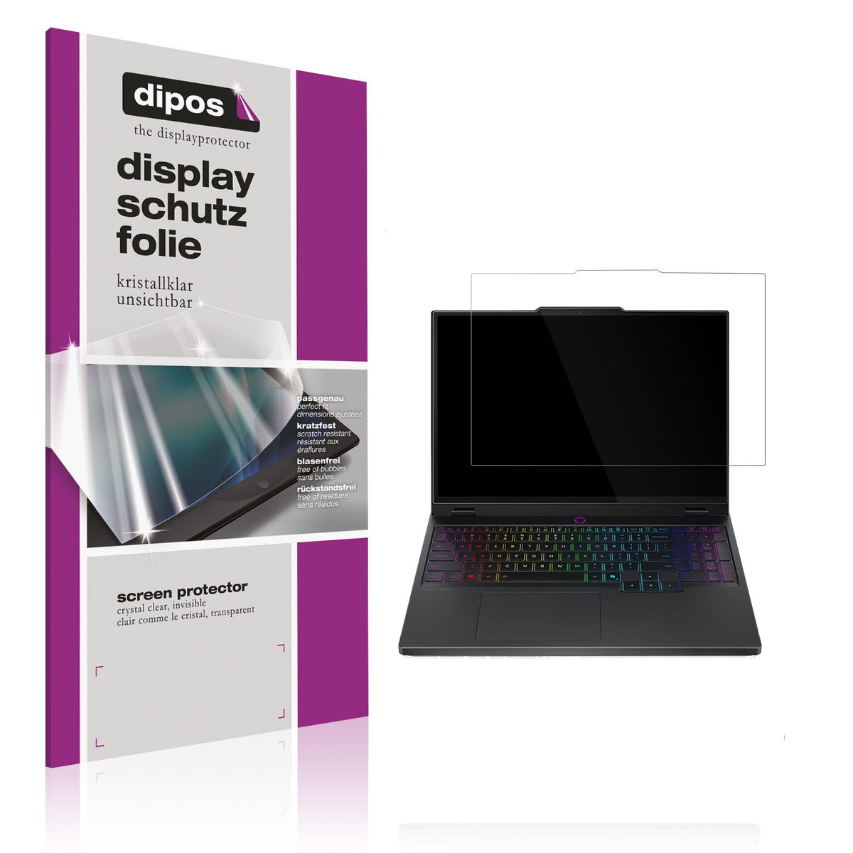 Klare Displayschutzfolie von dipos passend für Lenovo Legion 5 15IRX10, präziser Zuschnitt und blasenfrei montiert