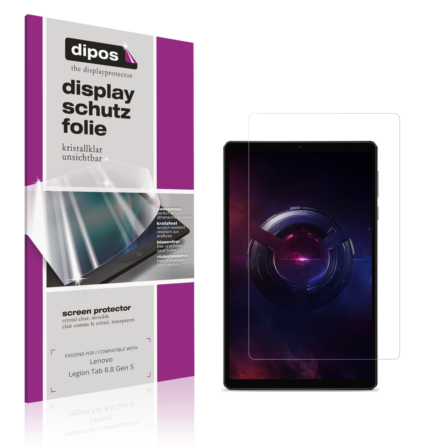 Klare Displayschutzfolie von dipos passend für Lenovo Legion Tab 8.8 Gen 5, präziser Zuschnitt und blasenfrei montiert