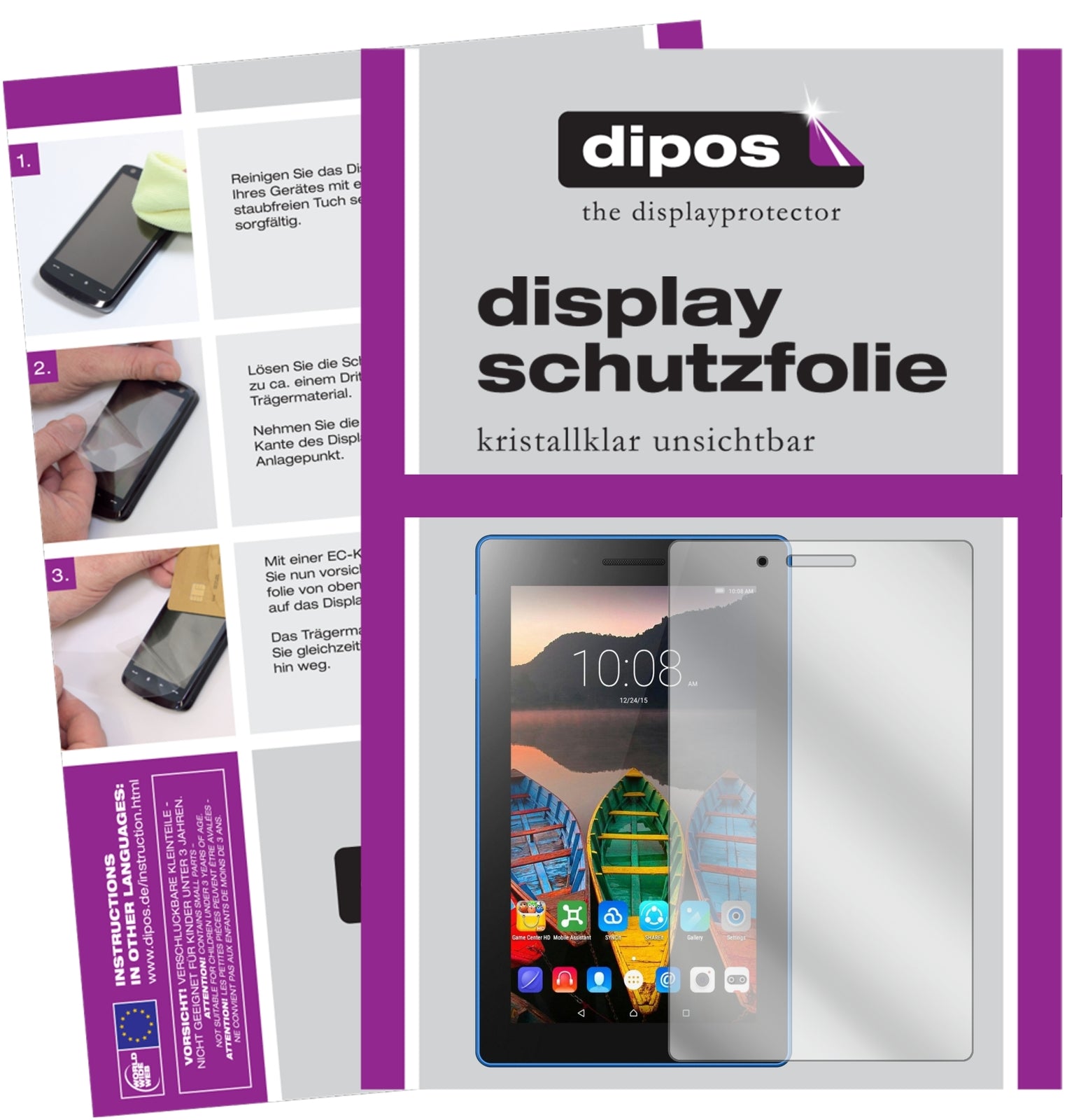 Klare Displayschutzfolie von dipos passend für Lenovo Tab 3 7 Essential TB3-710F, präziser Zuschnitt und blasenfrei montiert
