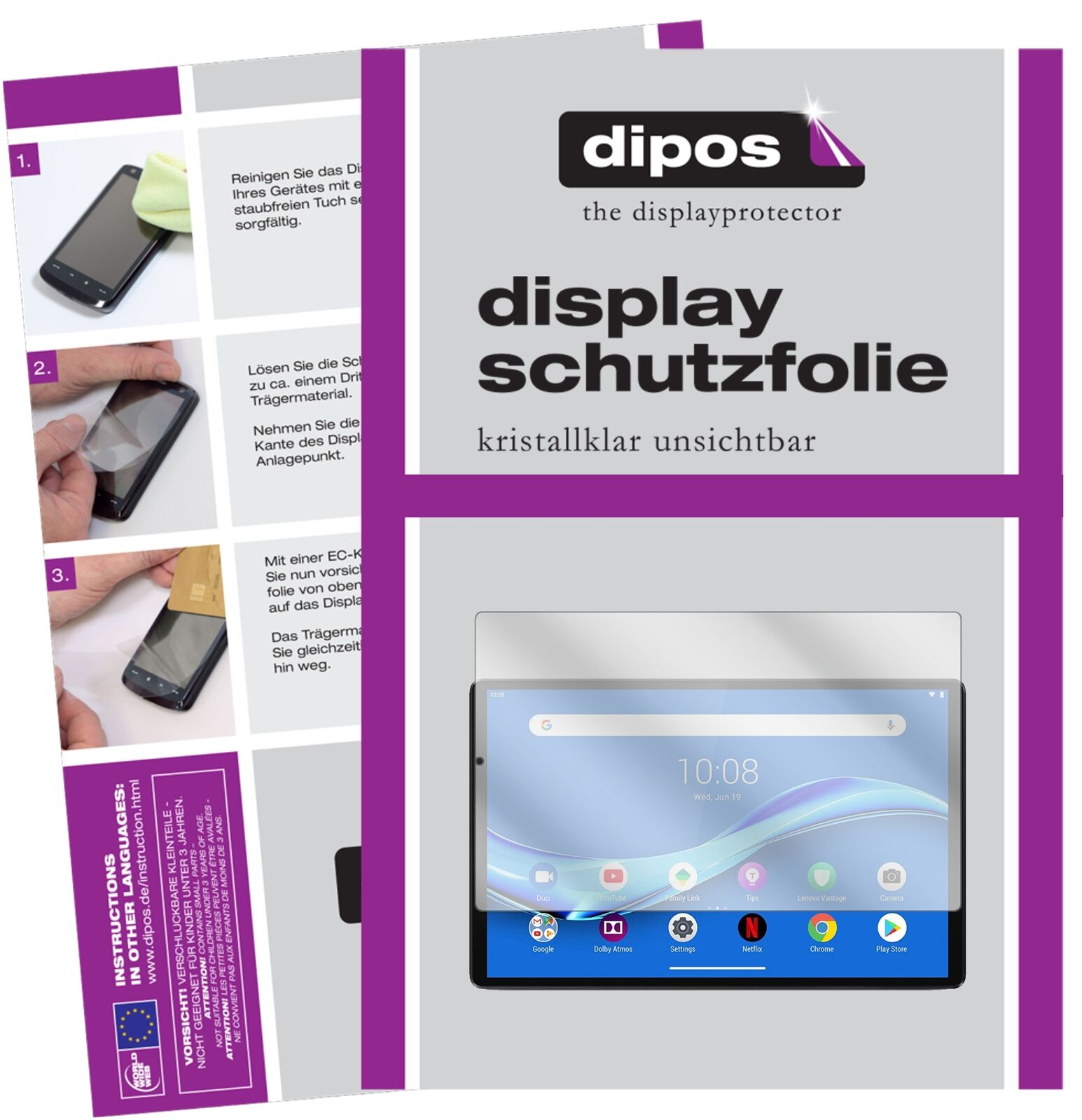 Klare Displayschutzfolie von dipos passend für Lenovo Tab M10 FHD Plus, präziser Zuschnitt und blasenfrei montiert