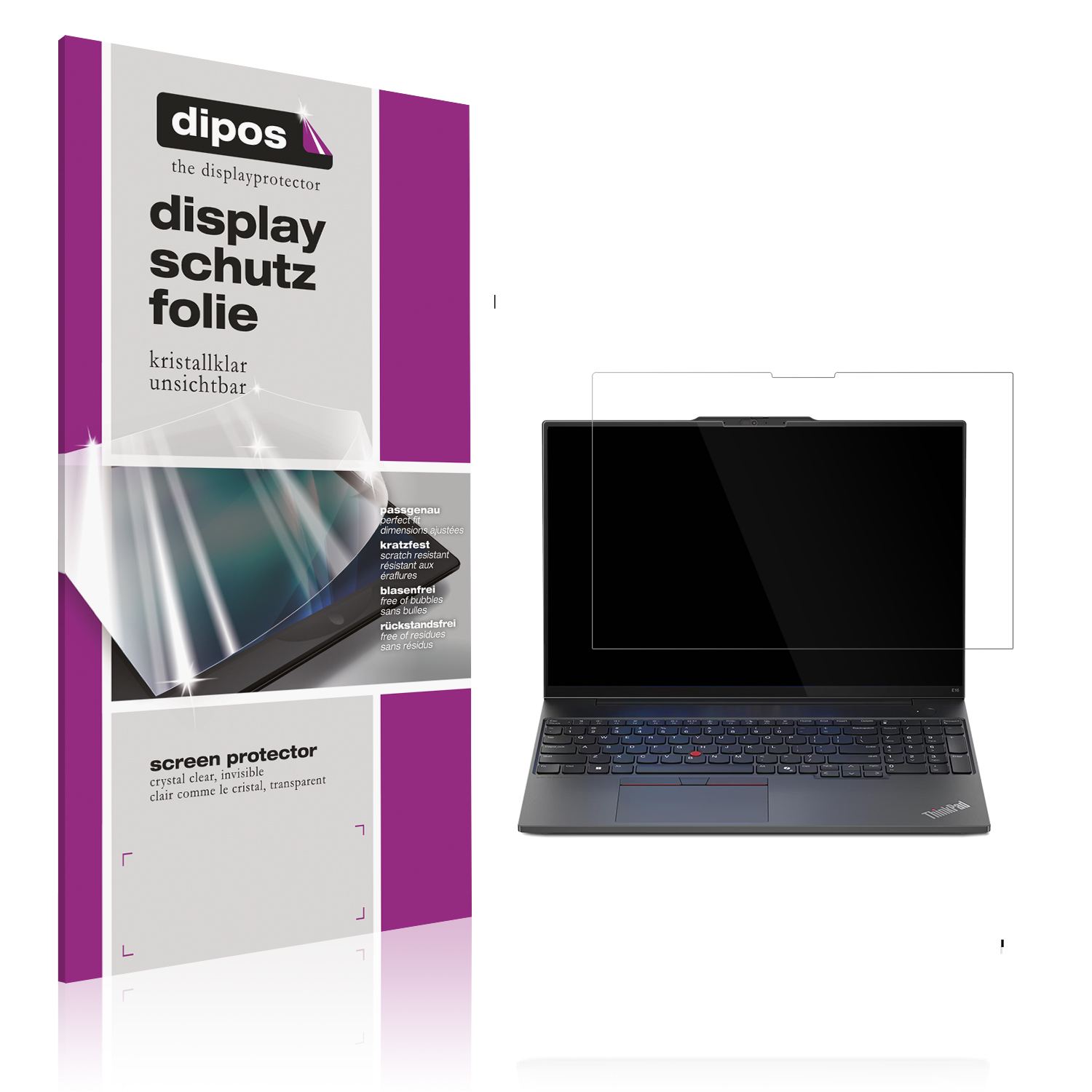 Klare Displayschutzfolie von dipos passend für Lenovo Thinkpad E16 Gen 2, präziser Zuschnitt und blasenfrei montiert