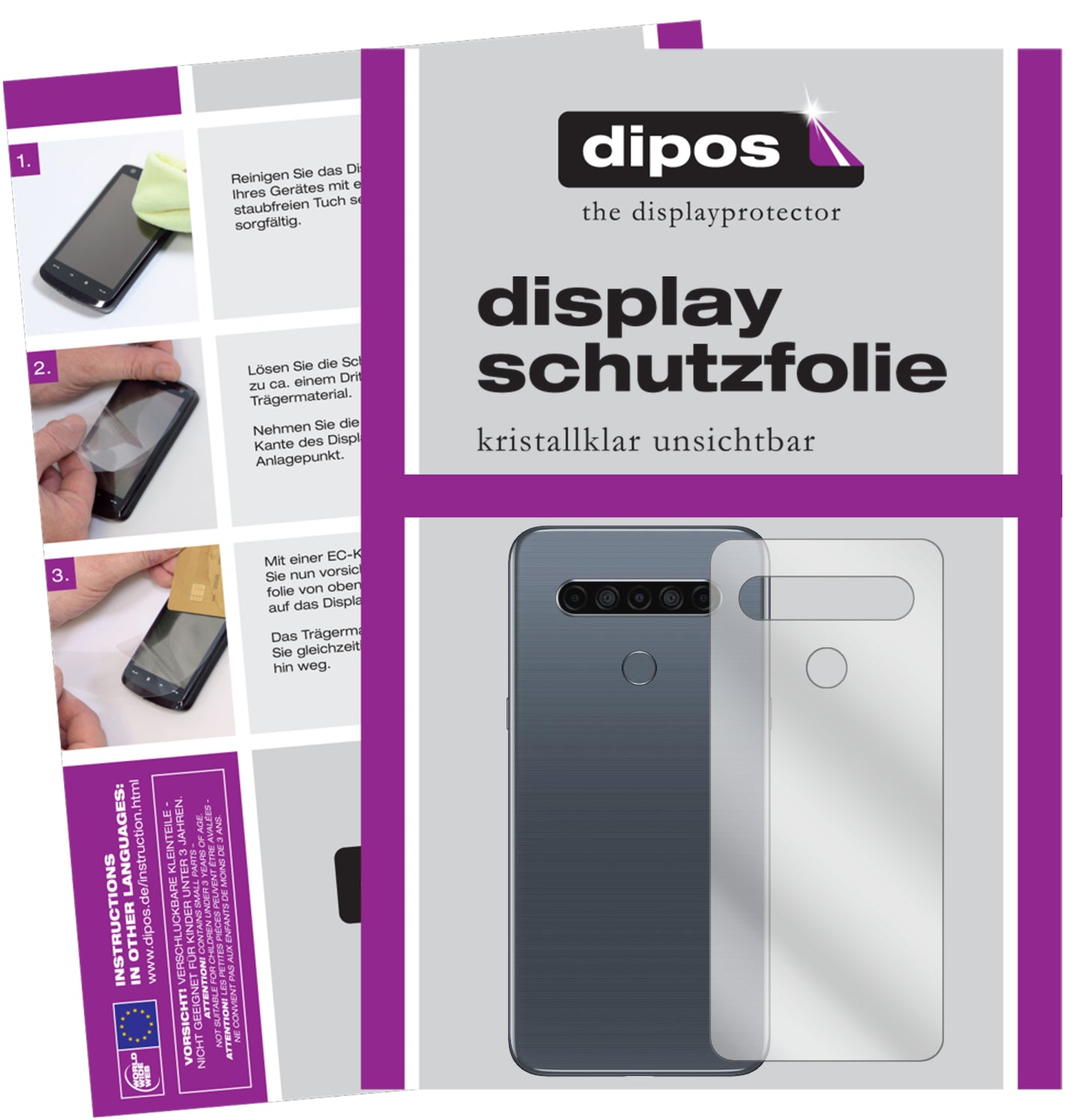 Klare Displayschutzfolie von dipos passend für LG K61 Rückseite, präziser Zuschnitt und blasenfrei montiert