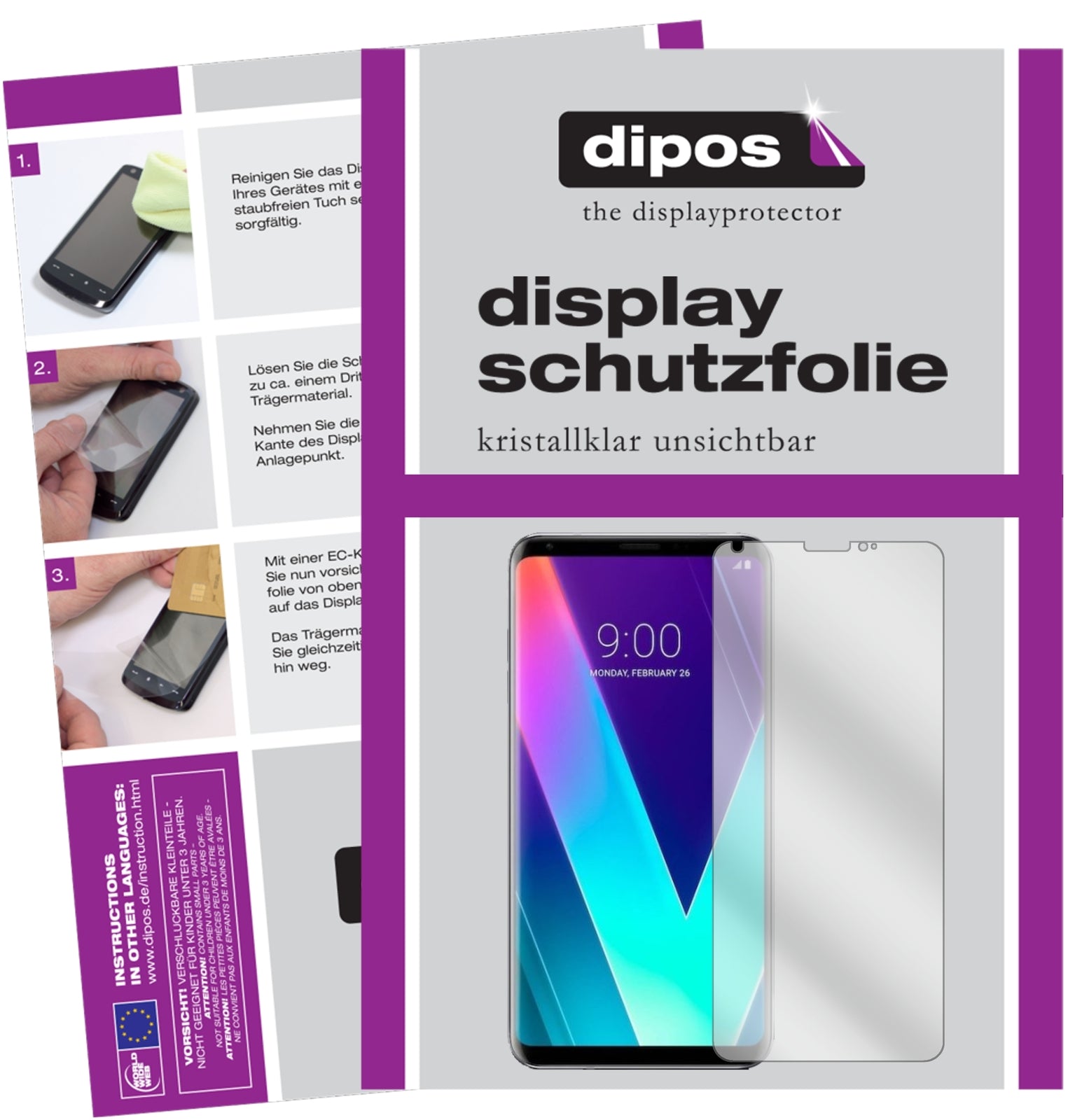 Klare Displayschutzfolie von dipos passend für LG V30S+ ThinQ, präziser Zuschnitt und blasenfrei montiert