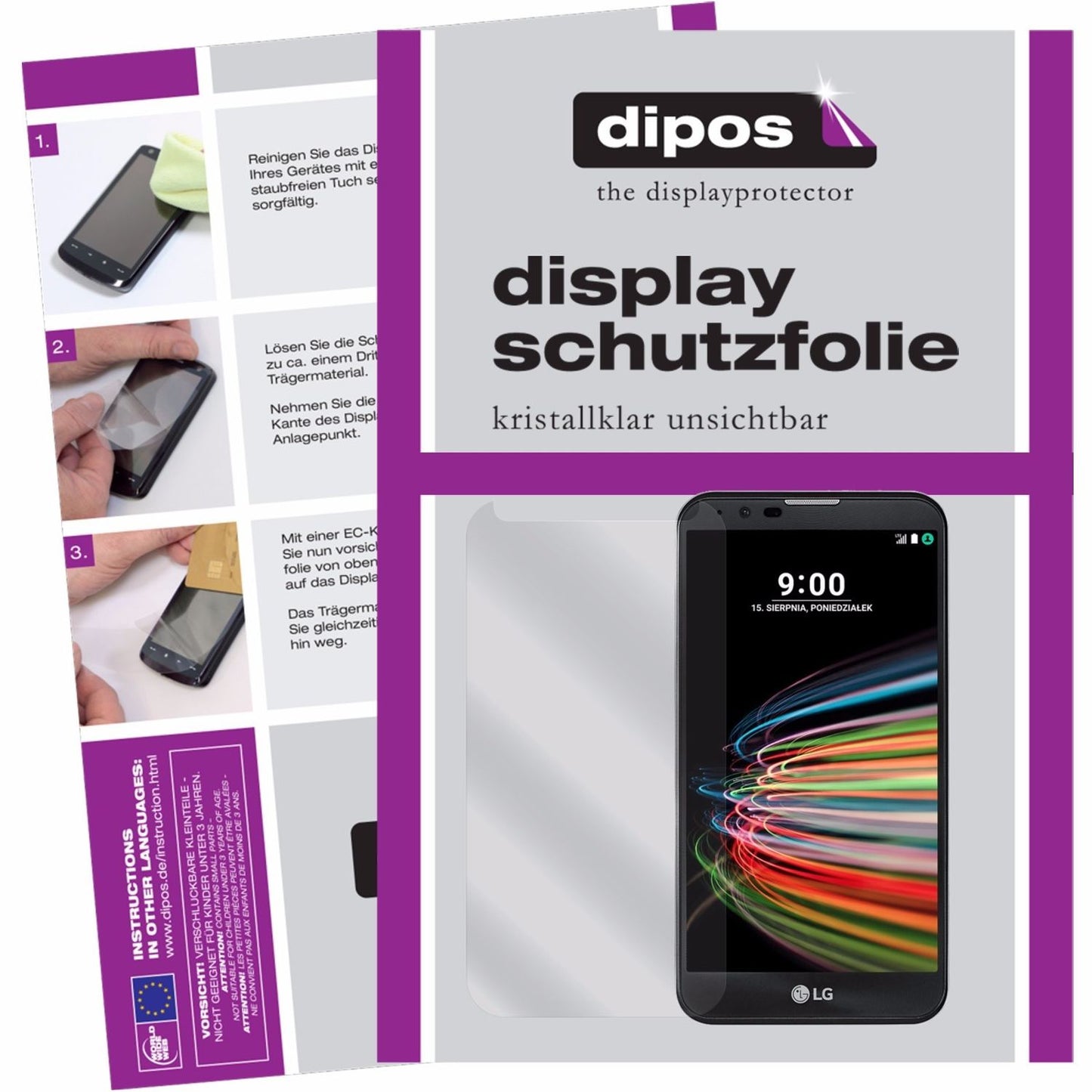 Klare Displayschutzfolie von dipos passend für LG X Mach, präziser Zuschnitt und blasenfrei montiert