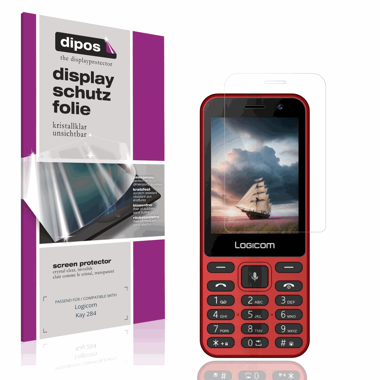 Klare Displayschutzfolie von dipos passend für Logicom Kay 284, präziser Zuschnitt und blasenfrei montiert