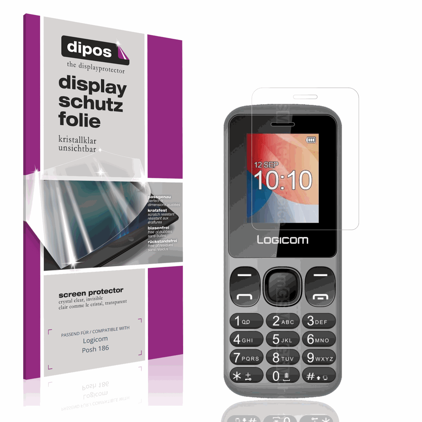 Klare Displayschutzfolie von dipos passend für Logicom Posh 186, präziser Zuschnitt und blasenfrei montiert