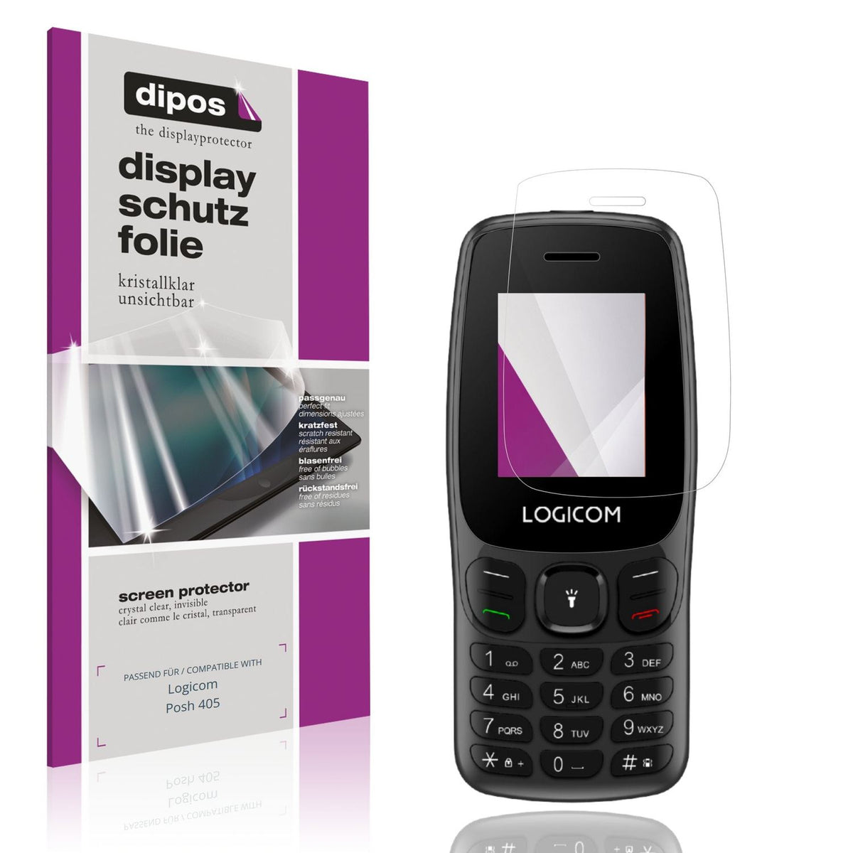Klare Displayschutzfolie von dipos passend für Logicom Posh 405, präziser Zuschnitt und blasenfrei montiert