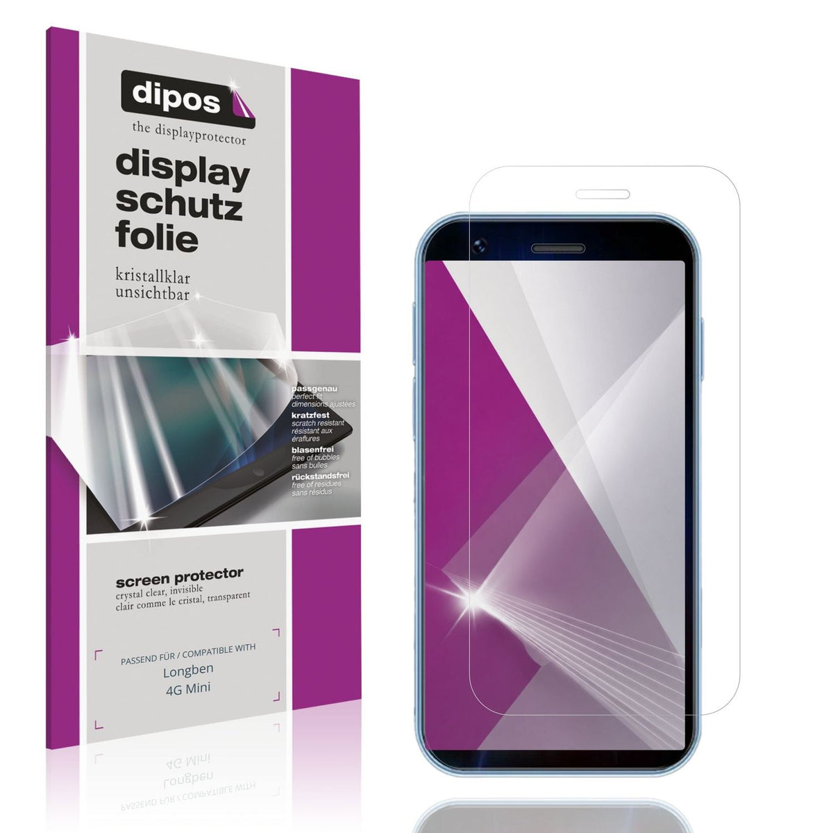 Klare Displayschutzfolie von dipos passend für Longben 4G Mini, präziser Zuschnitt und blasenfrei montiert