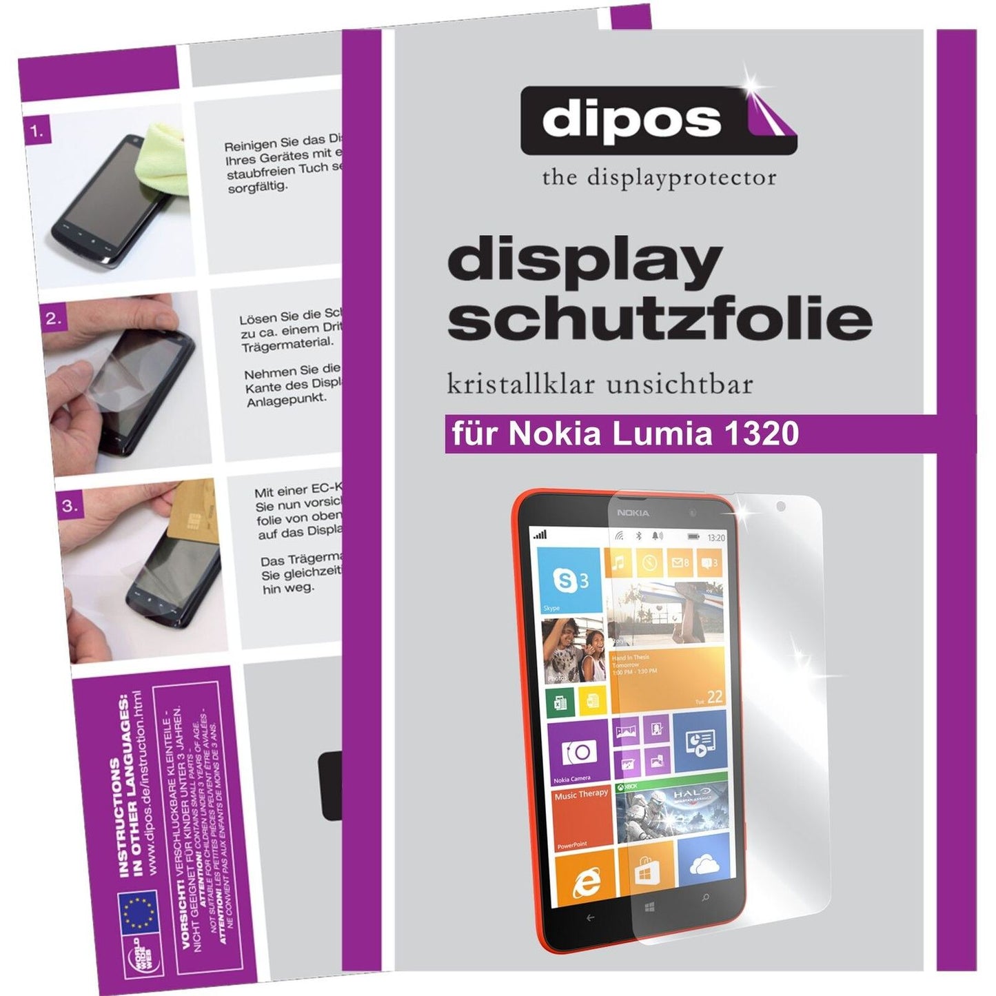 Klare Displayschutzfolie von dipos passend für Lumia 1320 Nokia, präziser Zuschnitt und blasenfrei montiert
