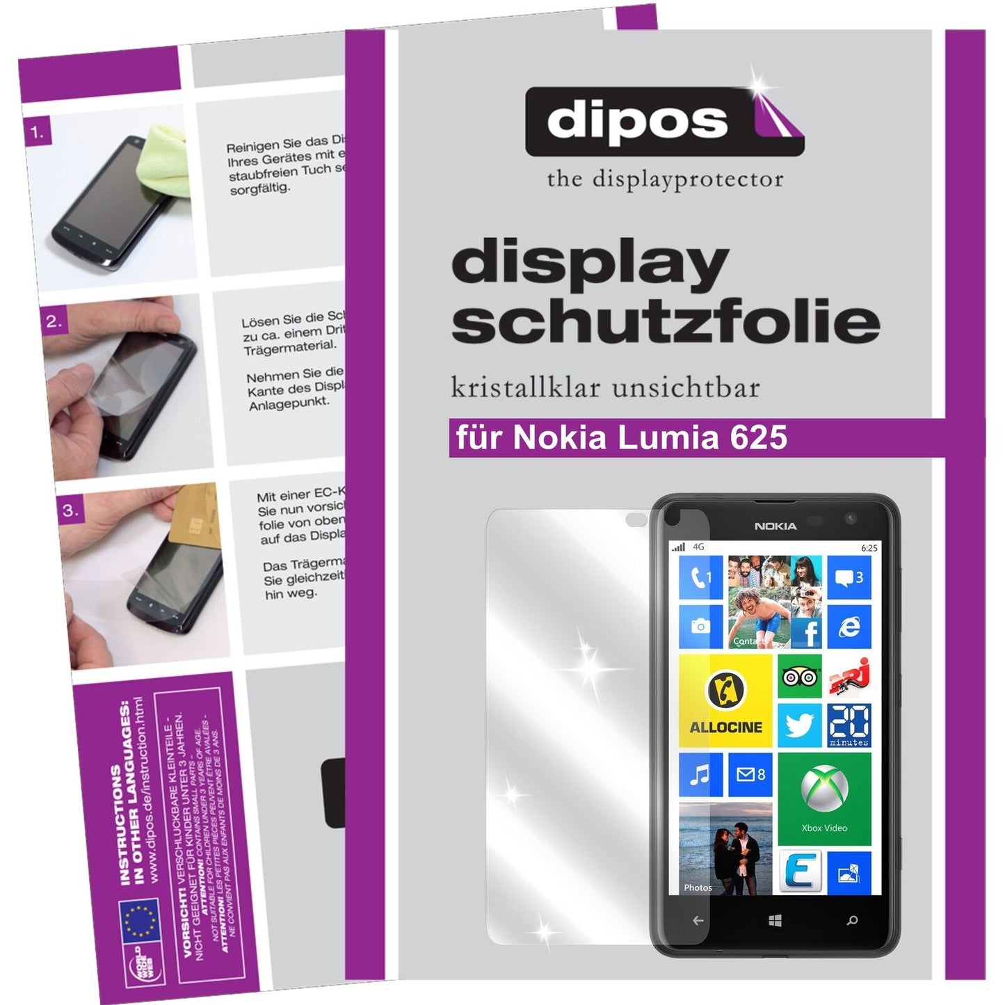 Klare Displayschutzfolie von dipos passend für Lumia 625 Nokia, präziser Zuschnitt und blasenfrei montiert