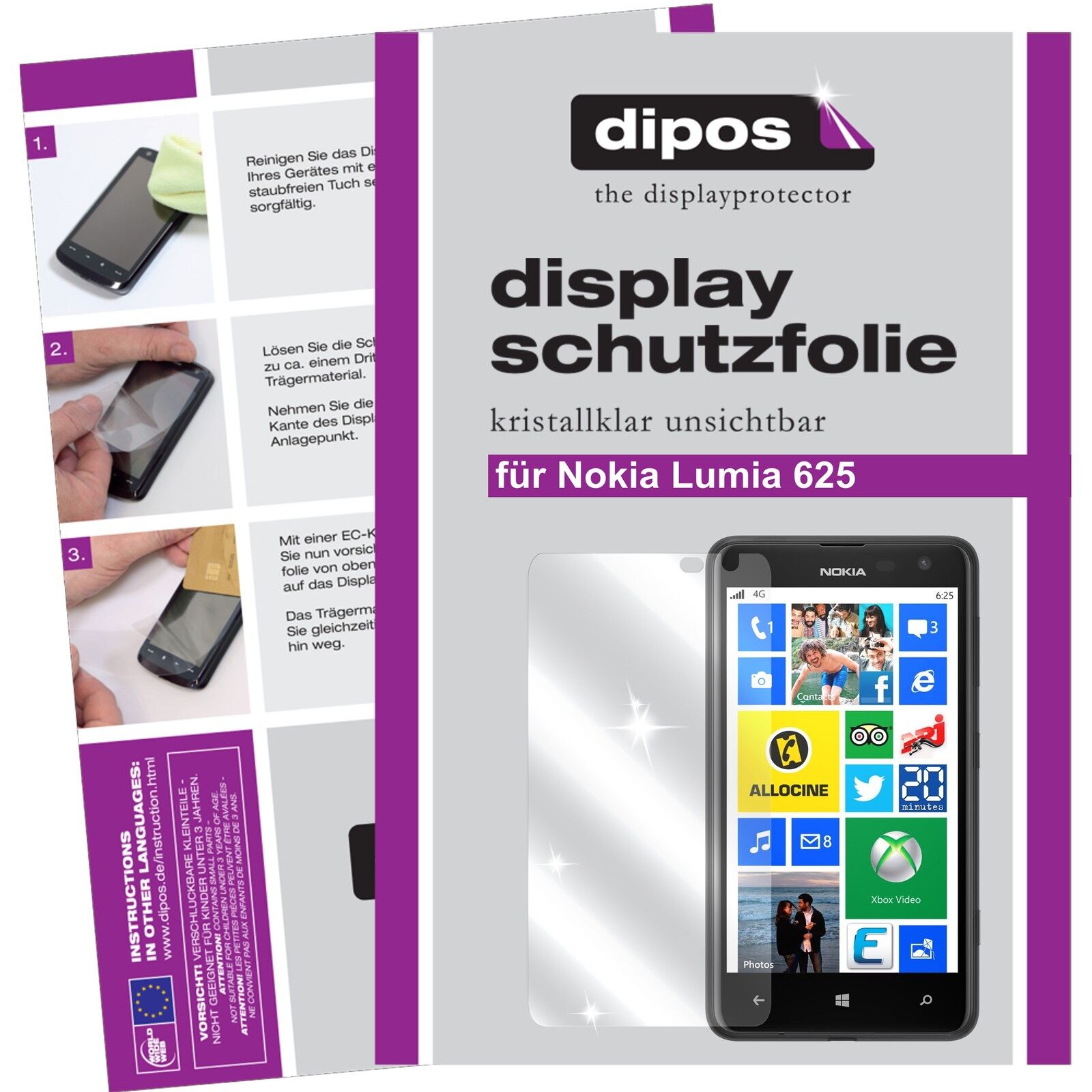 Klare Displayschutzfolie von dipos passend für Lumia 625 Nokia, präziser Zuschnitt und blasenfrei montiert