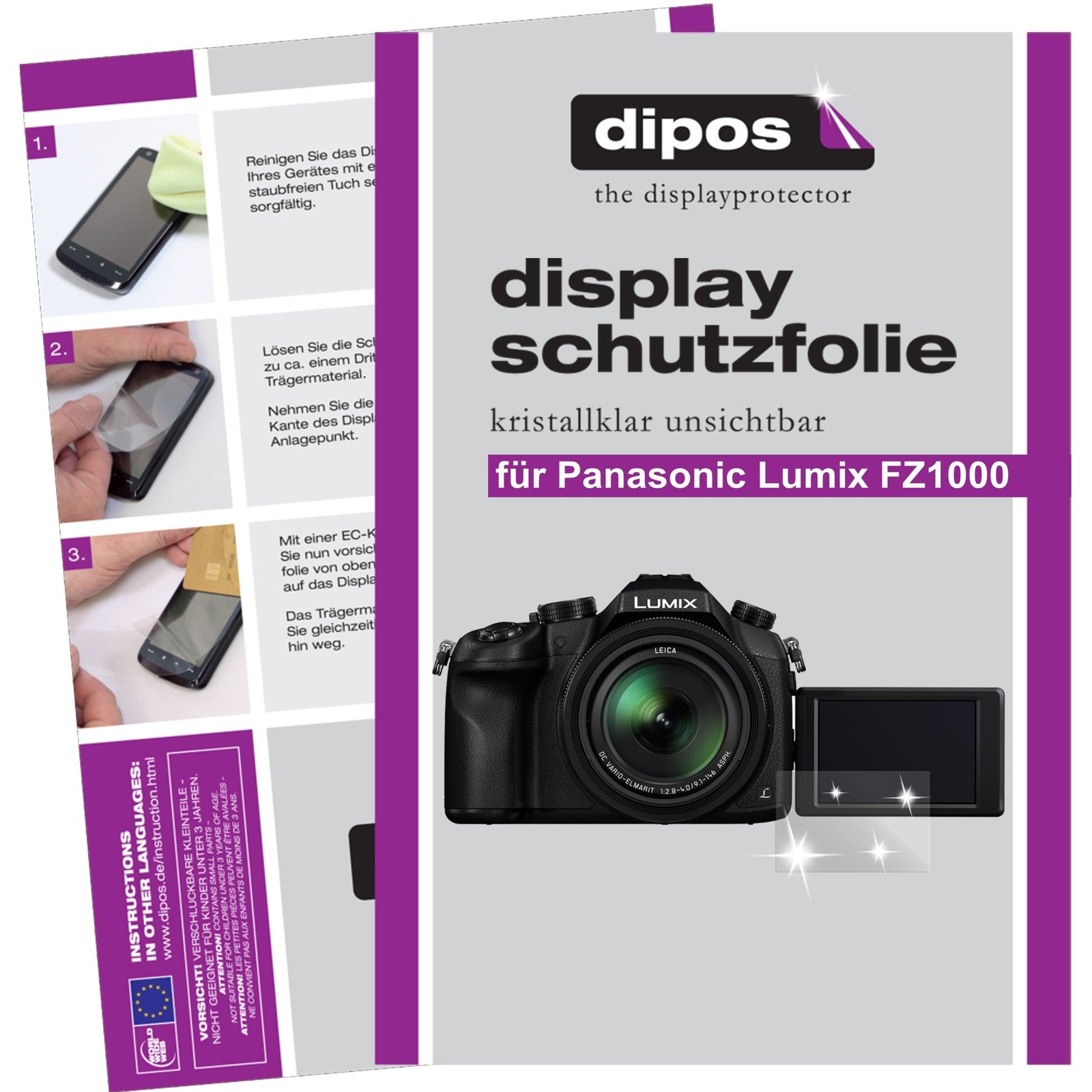 Klare Displayschutzfolie von dipos passend für Lumix FZ1000 Panasonic, präziser Zuschnitt und blasenfrei montiert