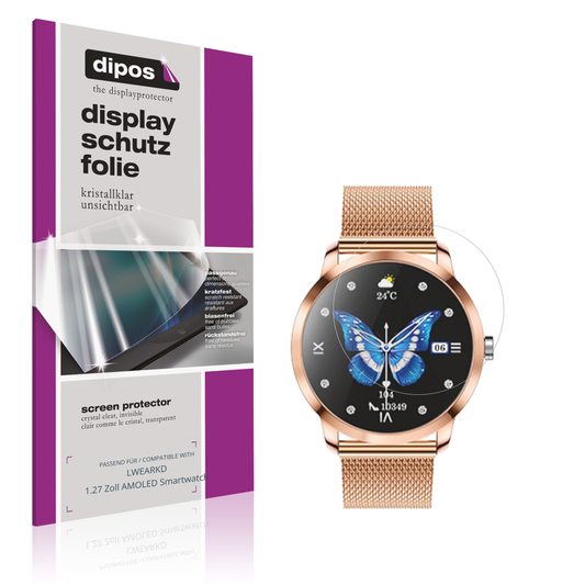 Klare Displayschutzfolie von dipos passend für LWEARKD 1.27 Zoll AMOLED Smartwatch, präziser Zuschnitt und blasenfrei montiert