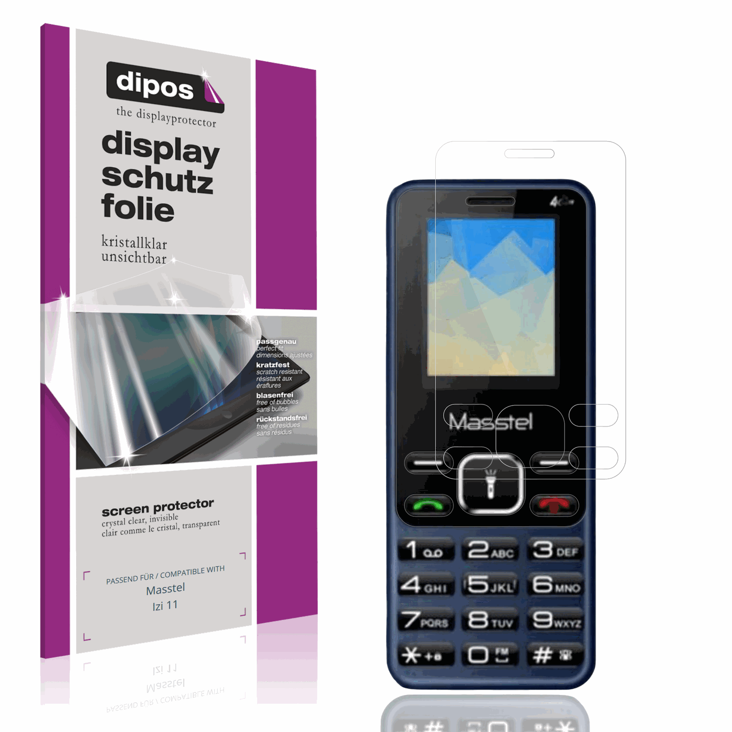 Klare Displayschutzfolie von dipos passend für Masstel Izi 11, präziser Zuschnitt und blasenfrei montiert