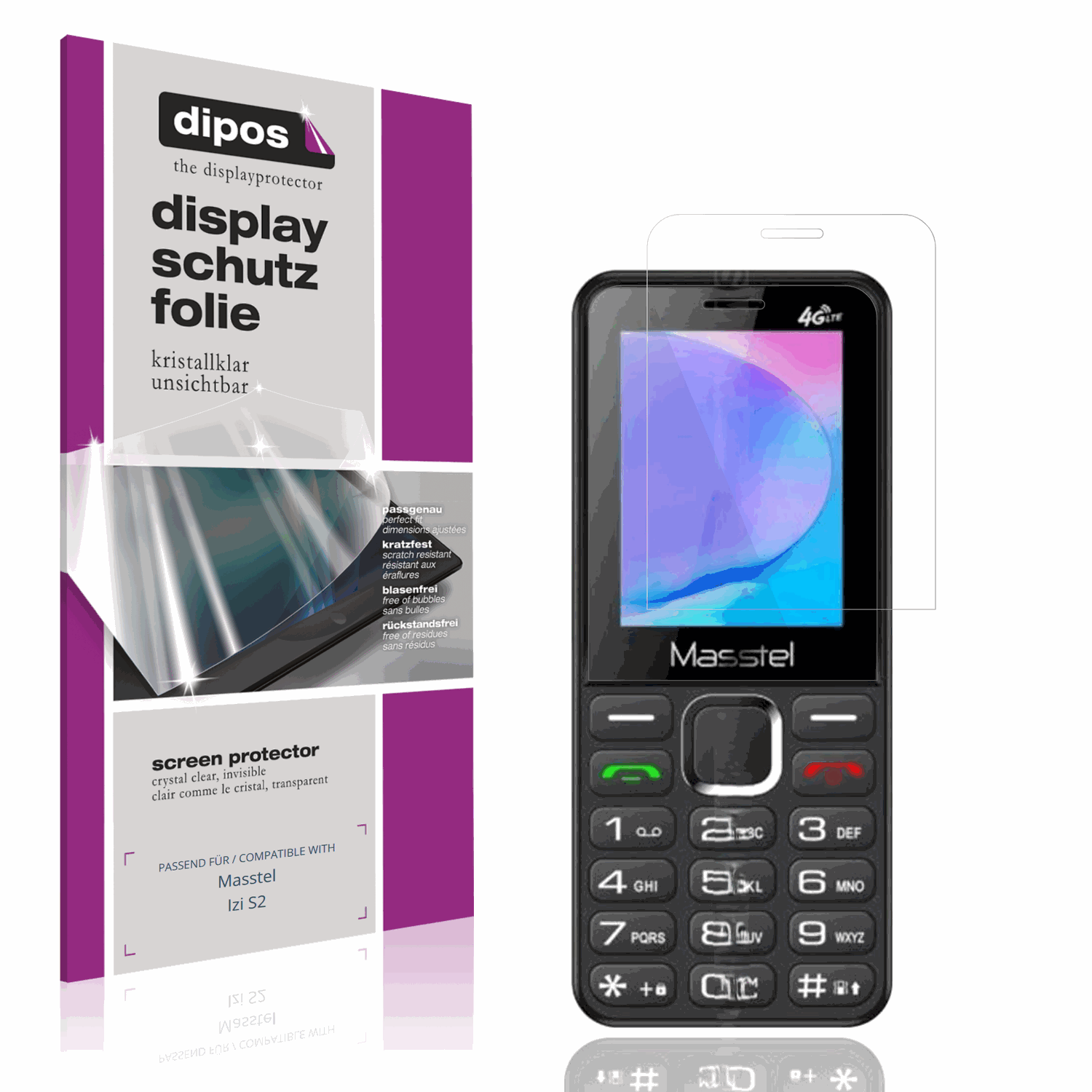 Klare Displayschutzfolie von dipos passend für Masstel Izi S2, präziser Zuschnitt und blasenfrei montiert