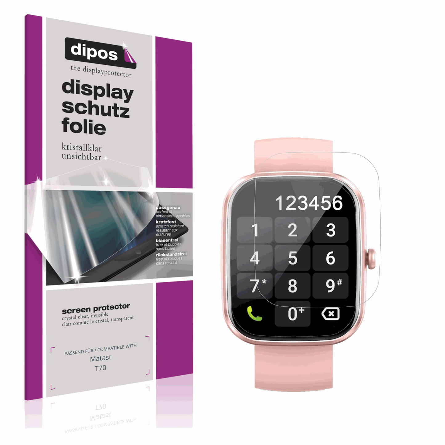 Klare Displayschutzfolie von dipos passend für Matast T70, präziser Zuschnitt und blasenfrei montiert