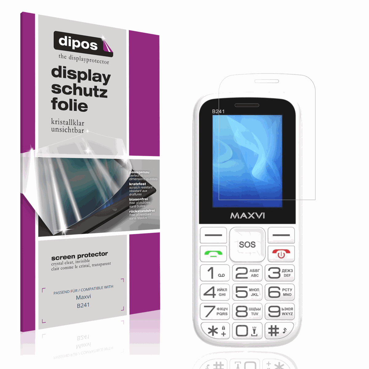 Klare Displayschutzfolie von dipos passend für Maxvi B241, präziser Zuschnitt und blasenfrei montiert