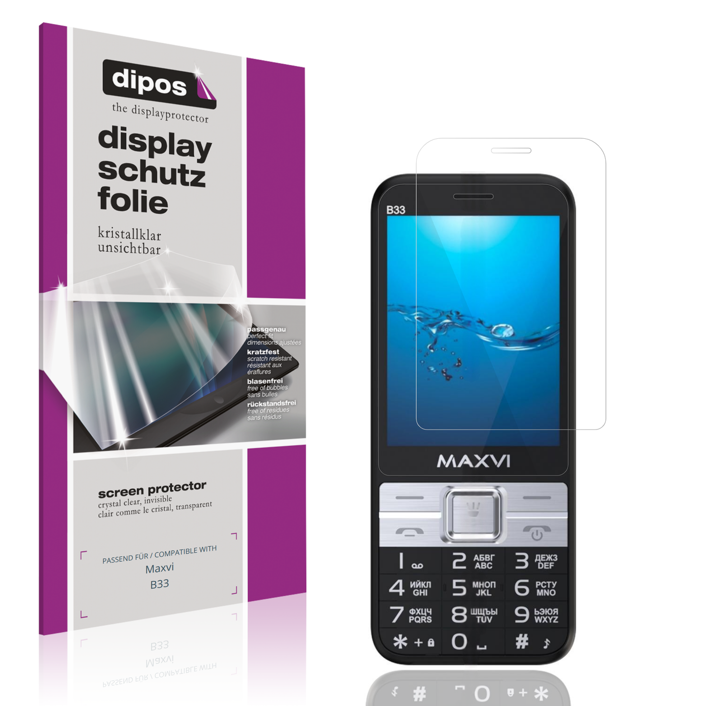 Klare Displayschutzfolie von dipos passend für Maxvi B33, präziser Zuschnitt und blasenfrei montiert
