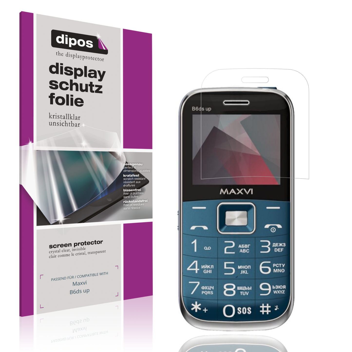 Klare Displayschutzfolie von dipos passend für Maxvi B6ds up, präziser Zuschnitt und blasenfrei montiert