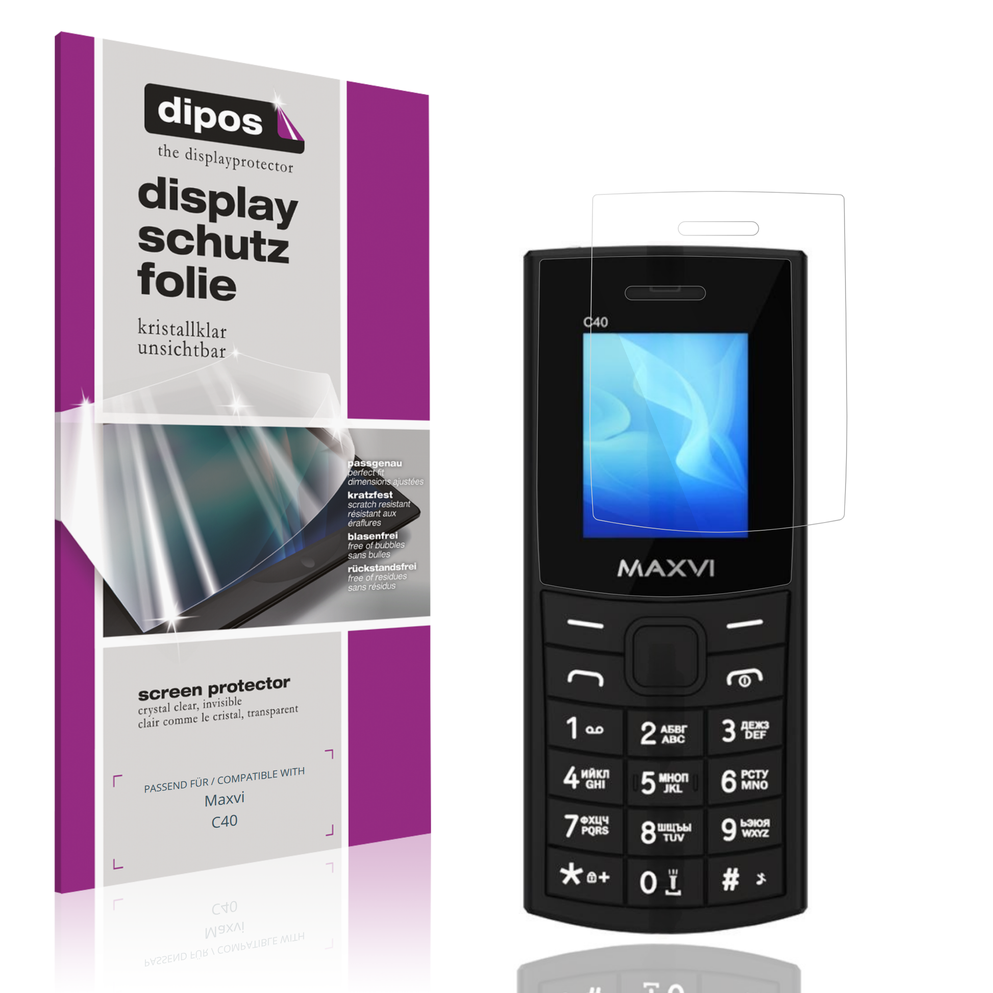 Klare Displayschutzfolie von dipos passend für Maxvi C40, präziser Zuschnitt und blasenfrei montiert