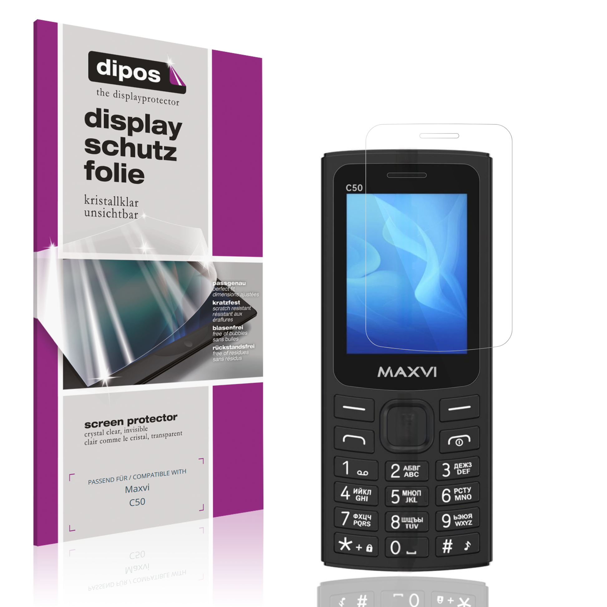 Klare Displayschutzfolie von dipos passend für Maxvi C50, präziser Zuschnitt und blasenfrei montiert