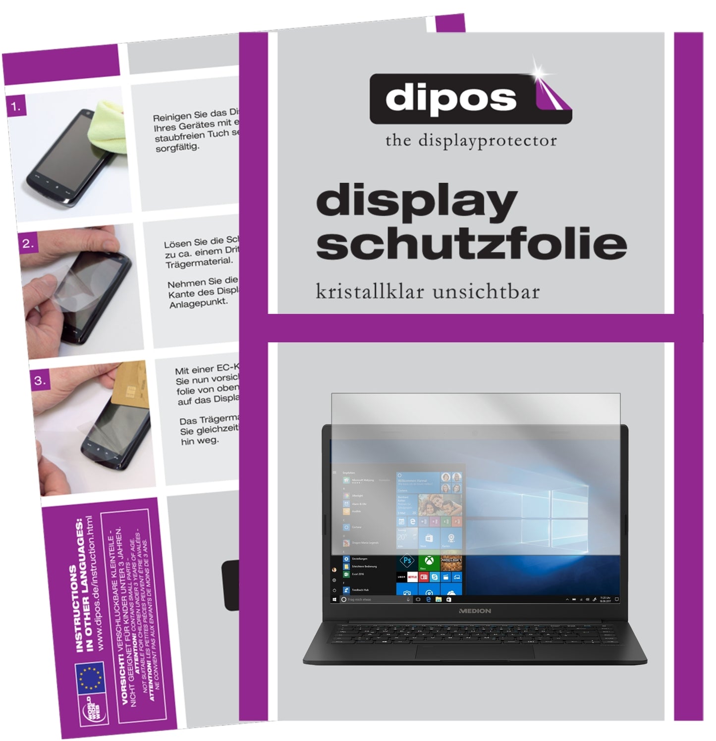Klare Displayschutzfolie von dipos passend für Medion Akoya E4254 Notebook, präziser Zuschnitt und blasenfrei montiert