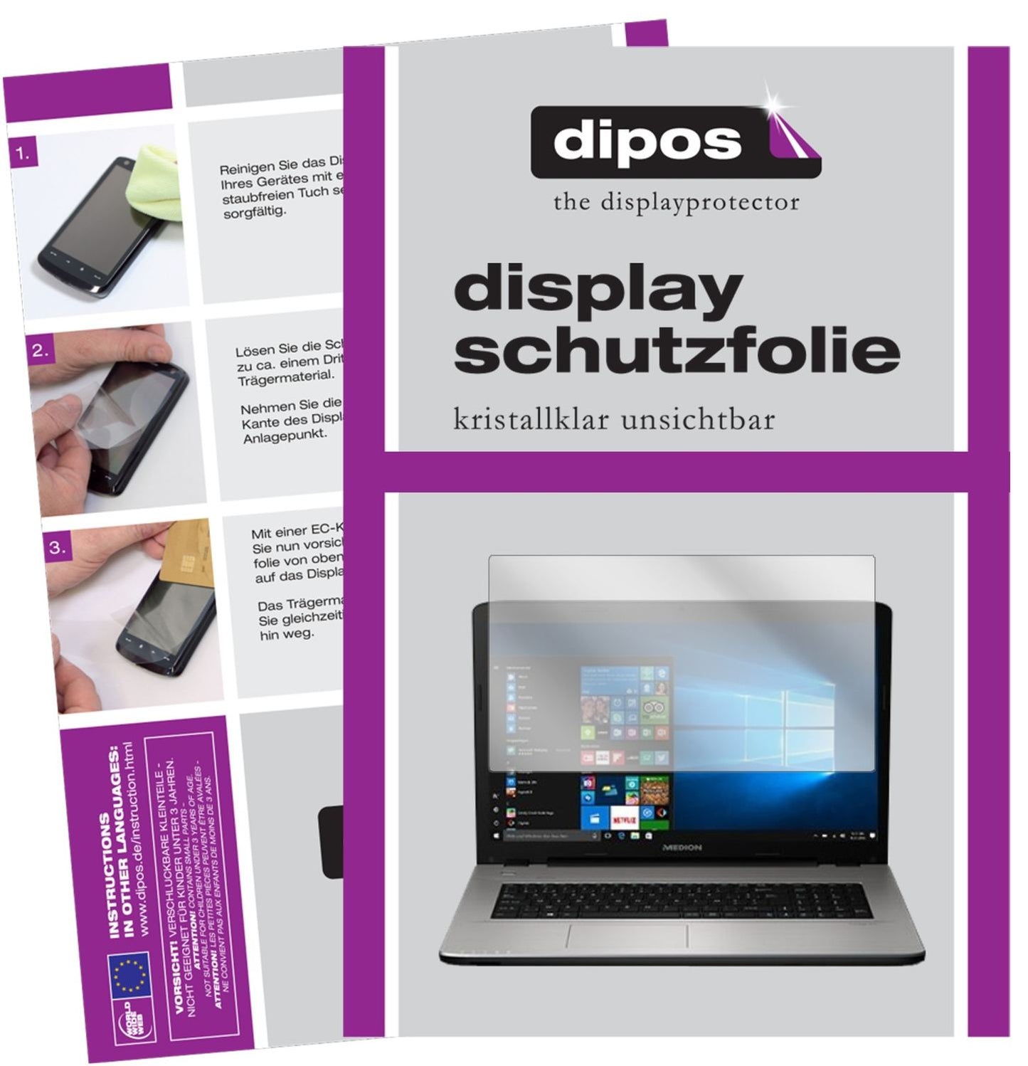 Klare Displayschutzfolie von dipos passend für Medion Akoya E7424, präziser Zuschnitt und blasenfrei montiert