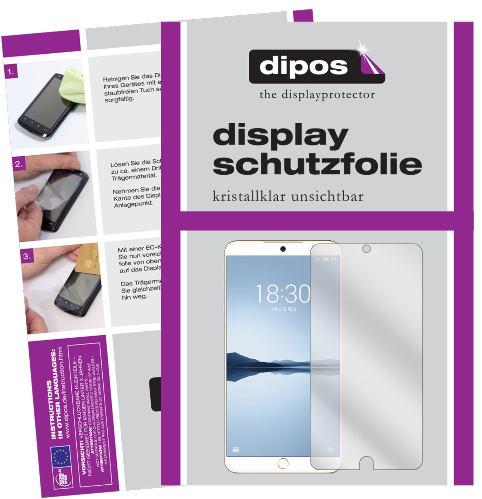 Klare Displayschutzfolie von dipos passend für Meizu 15 Plus, präziser Zuschnitt und blasenfrei montiert