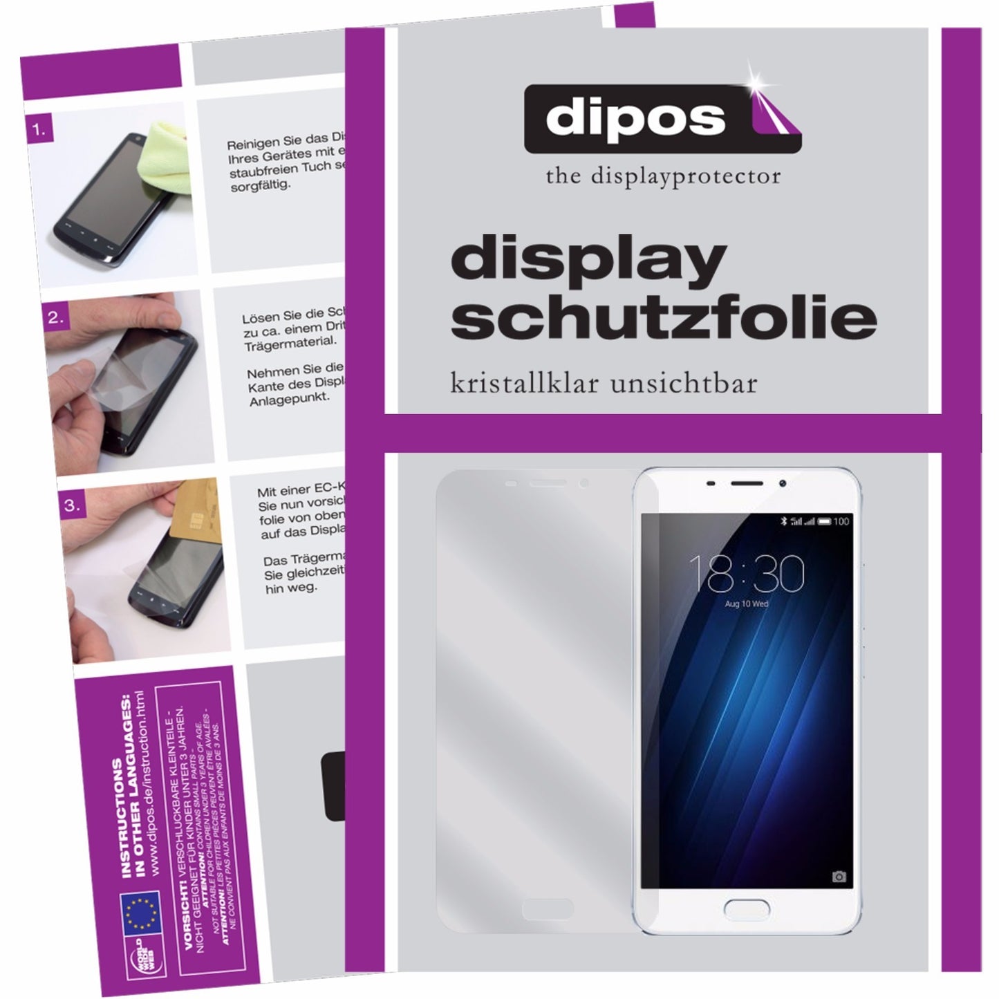 Klare Displayschutzfolie von dipos passend für Meizu E, präziser Zuschnitt und blasenfrei montiert