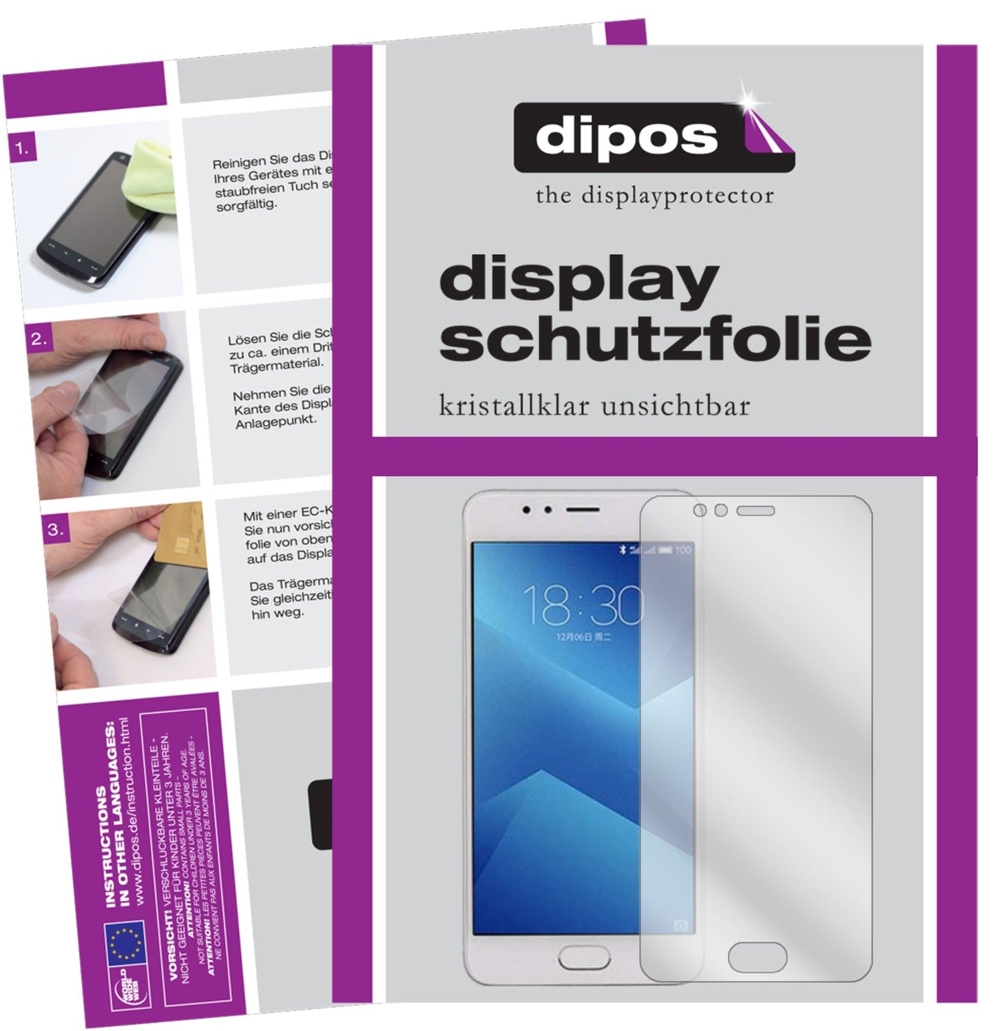 Klare Displayschutzfolie von dipos passend für Meizu M5s, präziser Zuschnitt und blasenfrei montiert