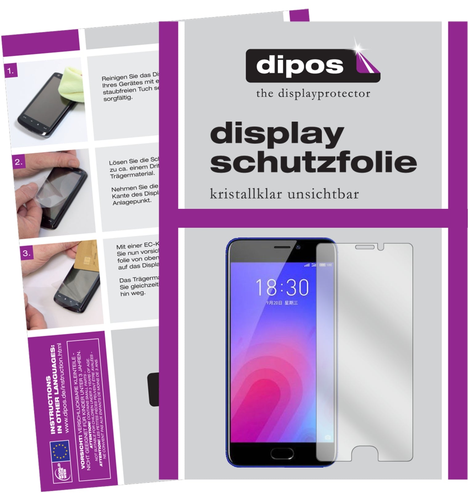 Klare Displayschutzfolie von dipos passend für Meizu M6, präziser Zuschnitt und blasenfrei montiert
