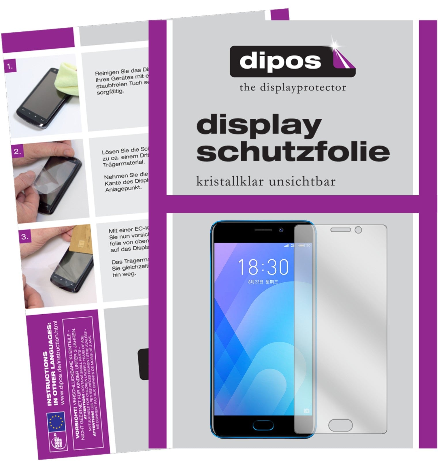 Klare Displayschutzfolie von dipos passend für Meizu M6 Note, präziser Zuschnitt und blasenfrei montiert